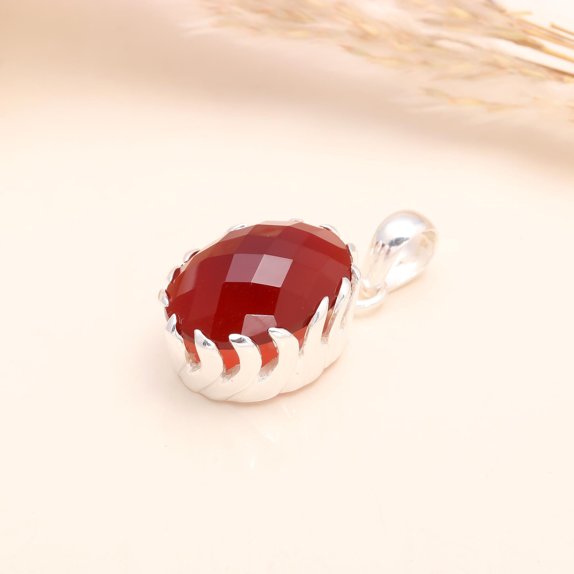 925 Sterling Silver Faceted Carnelian Bold Pendant