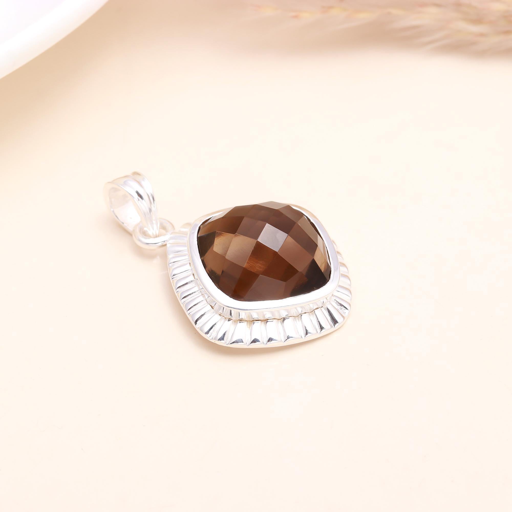 925 Sterling Silver Cushion Cut Smoky Quartz Pendant