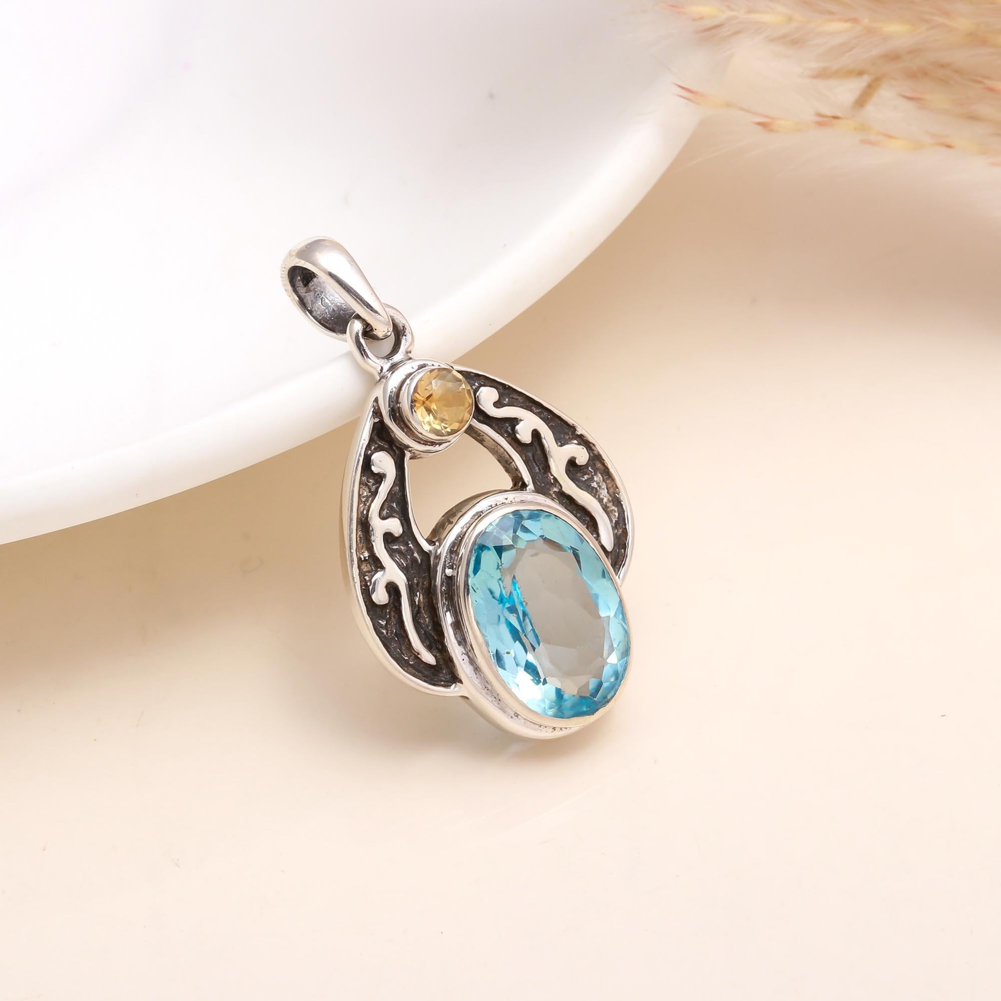 925 Sterling Silver Vintage-Inspired Blue Topaz & Citrine Pendant