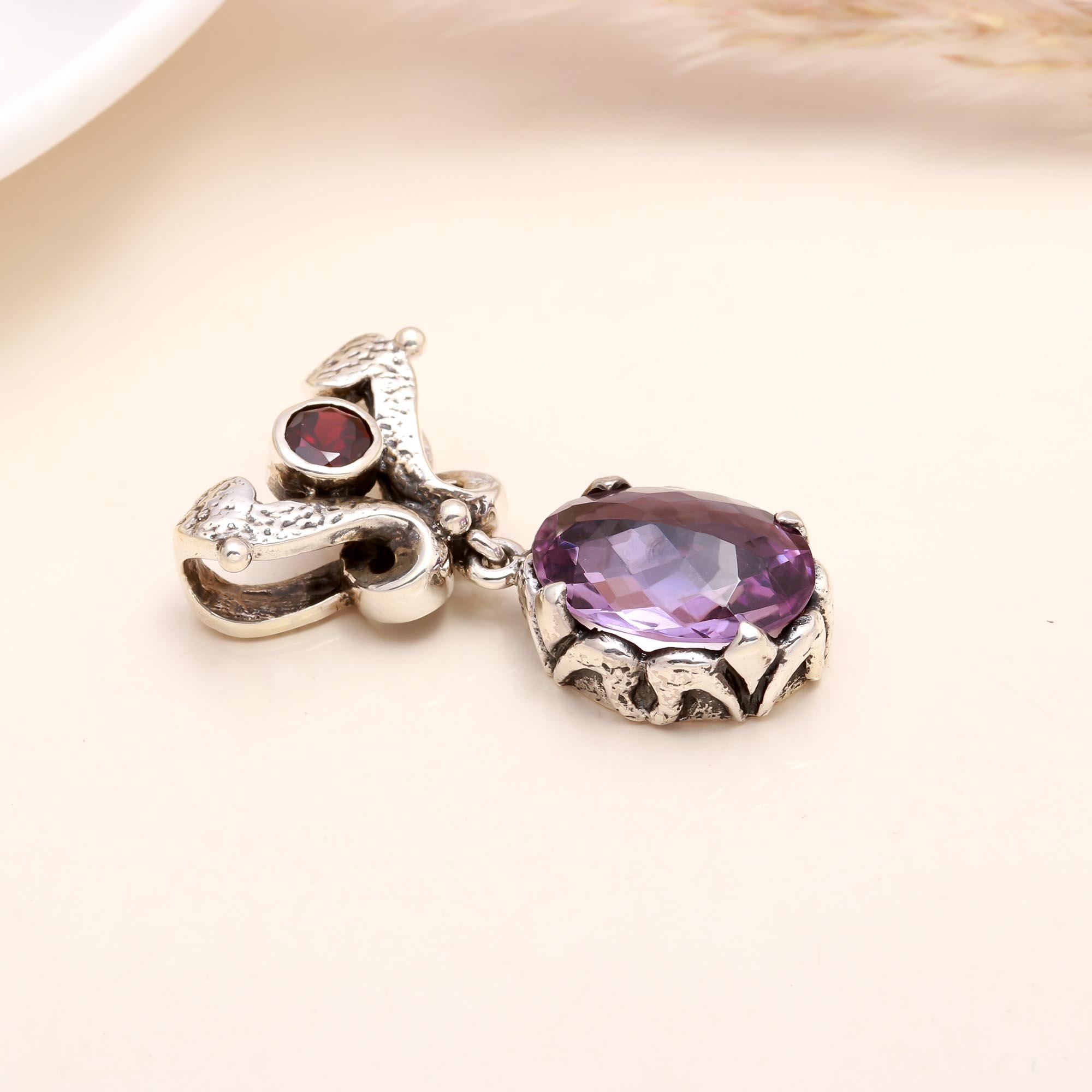 925 Sterling Silver Vintage-Inspired Amethyst & Garnet Pendant