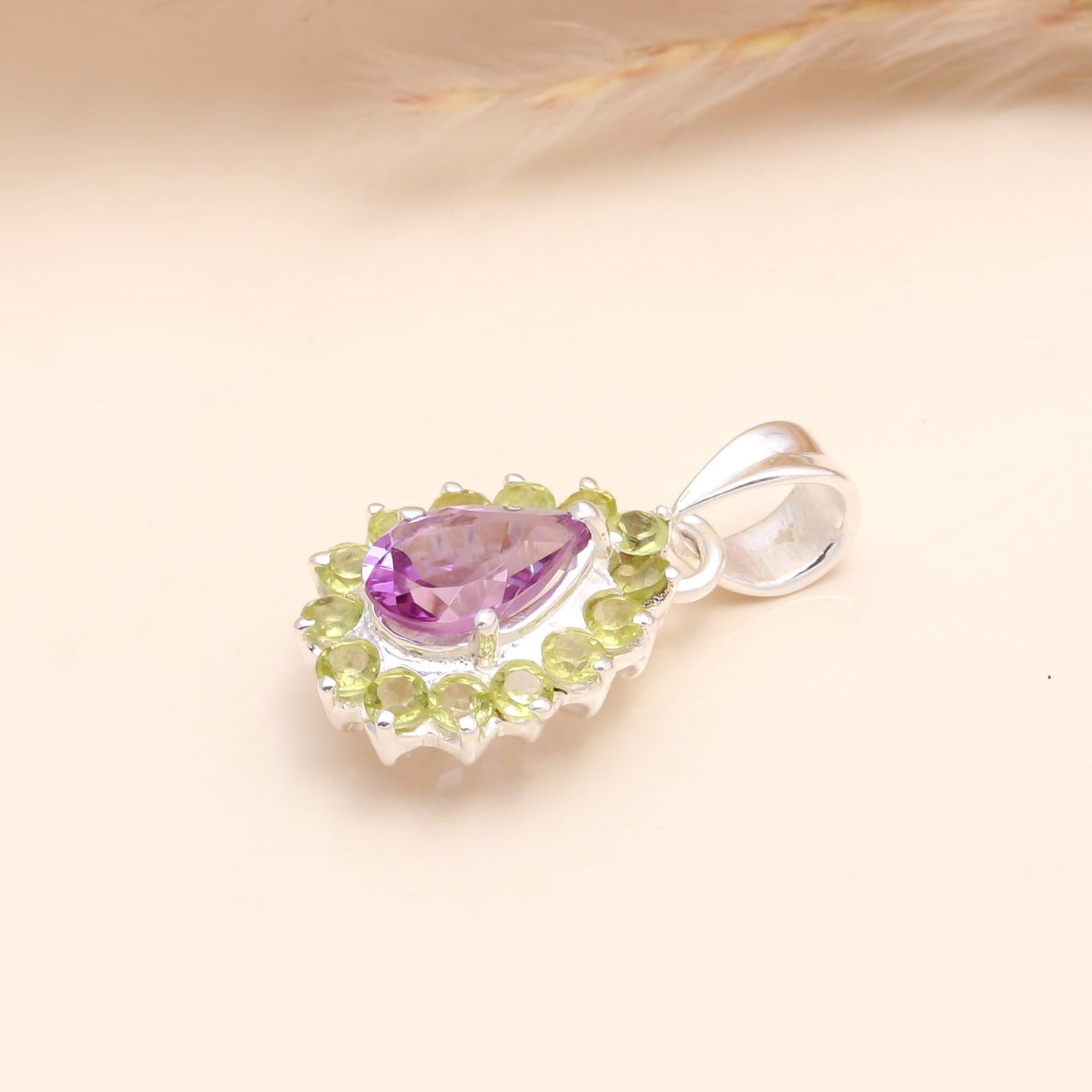 The Royal Amethyst: Peridot & Amethyst Halo Silver Pendant