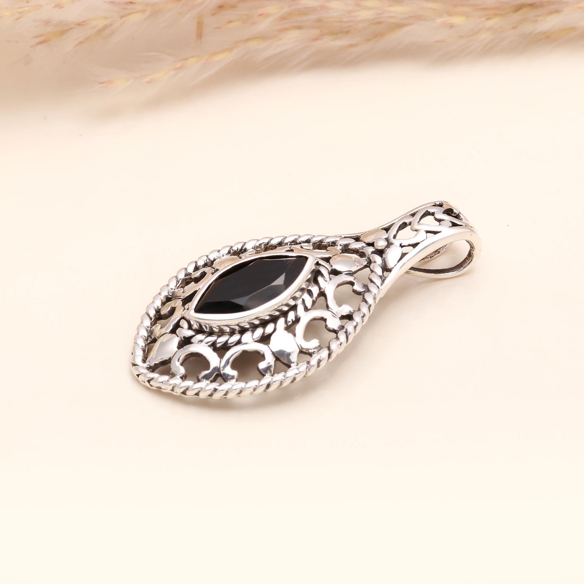 925 Sterling Silver Marquise Black Onyx Filigree Teardrop Pendant