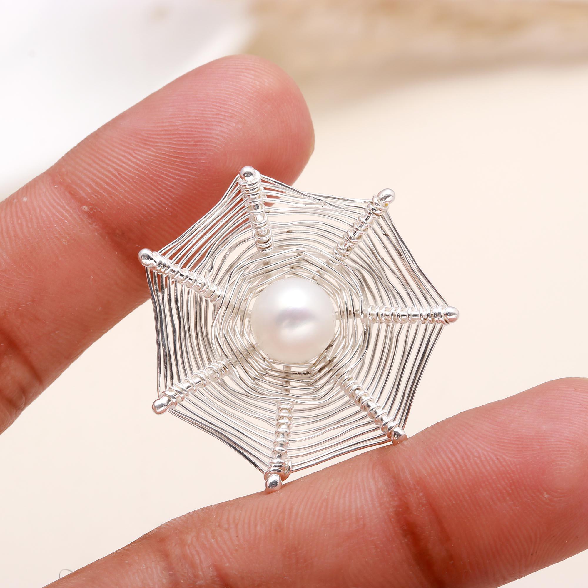 925 Sterling Silver White Pearl Spiderweb Pendant