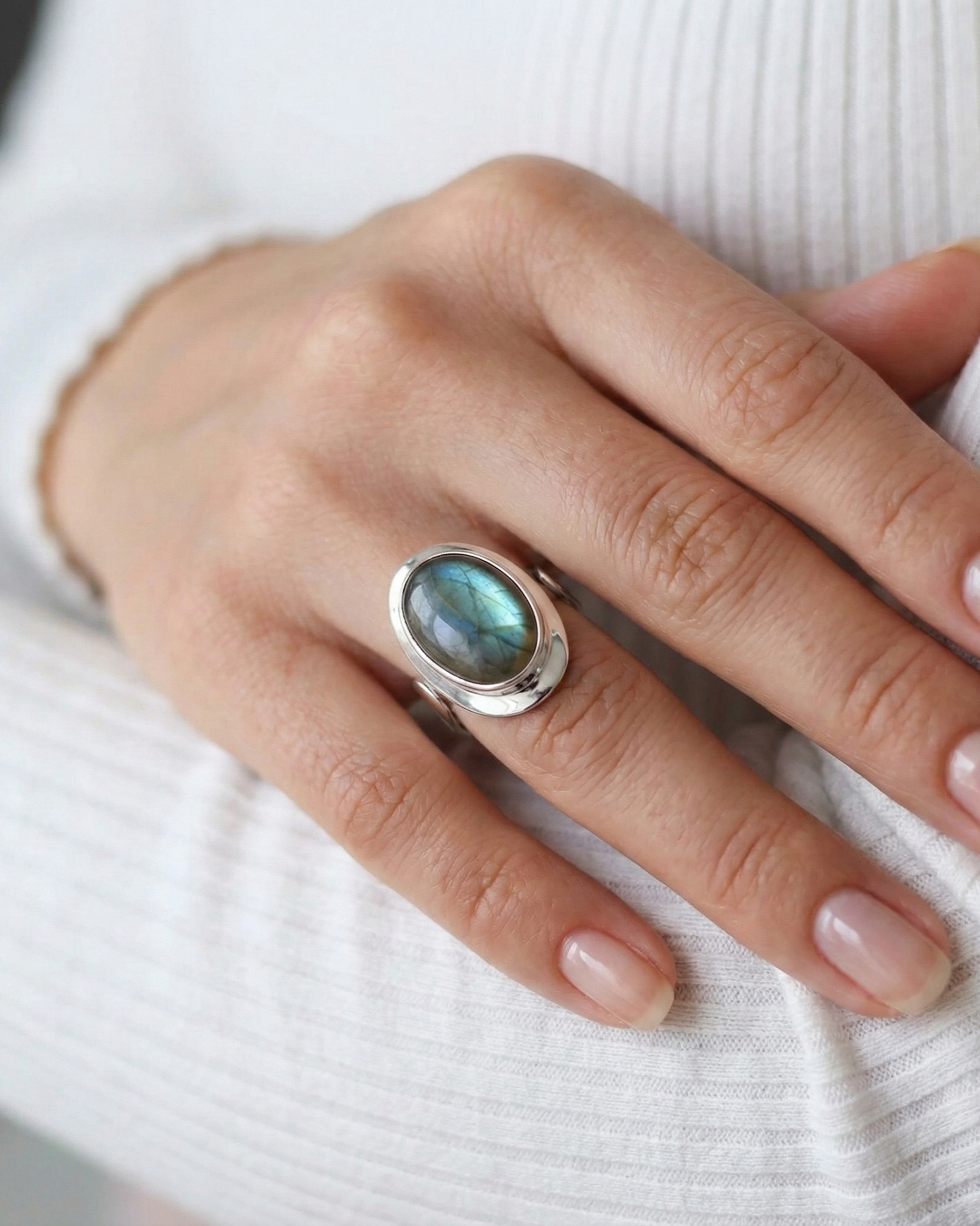 The Mystic Oval: Labradorite Cabochon Wide Band Ring
