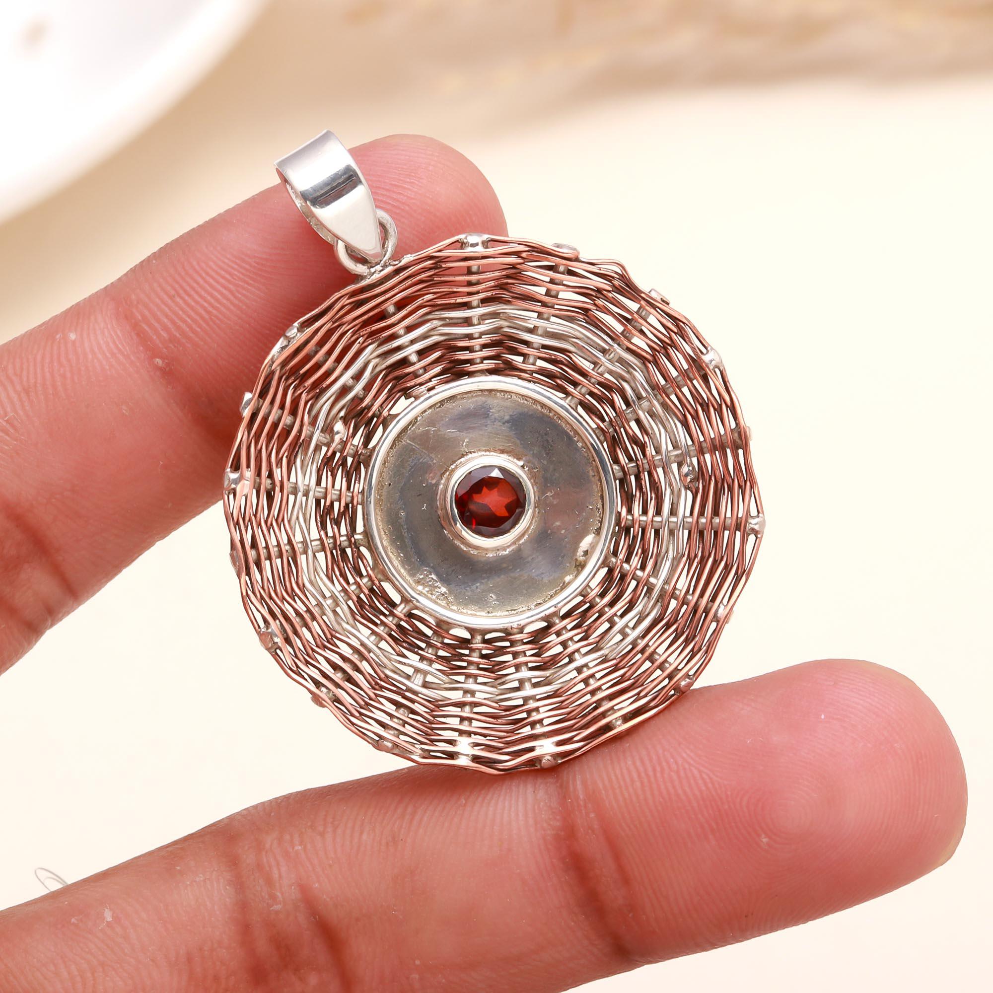 925 Sterling Silver Handwoven Spiral Garnet Pendant