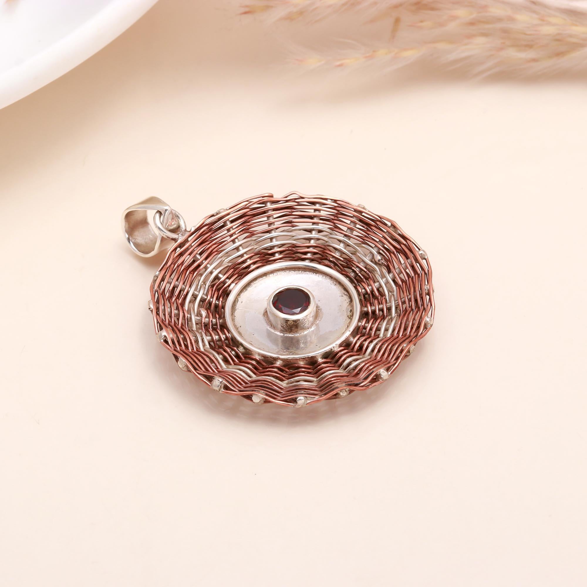 925 Sterling Silver Handwoven Spiral Garnet Pendant