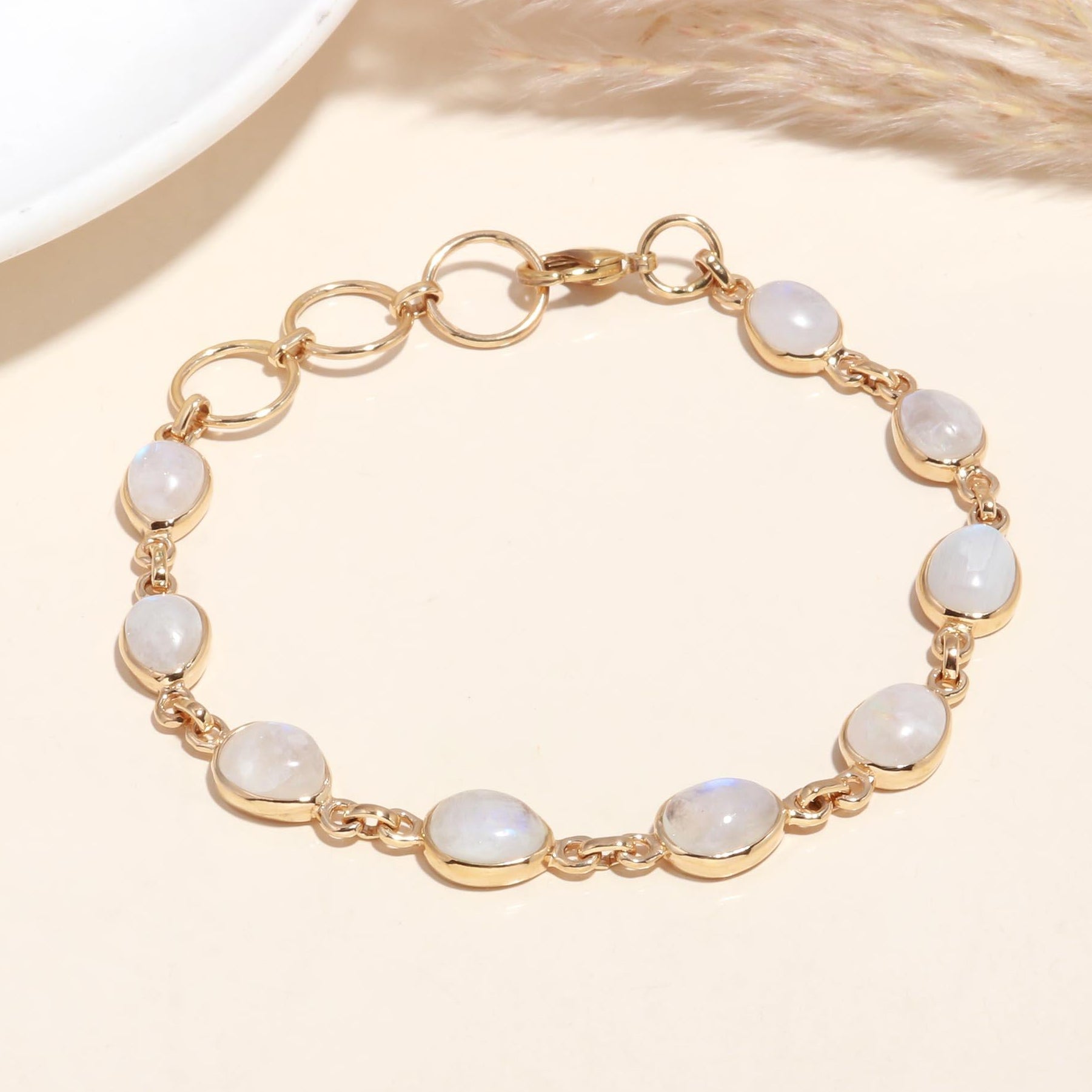 The Lunar Chain: Rainbow Moonstone Gold Link Bracelet