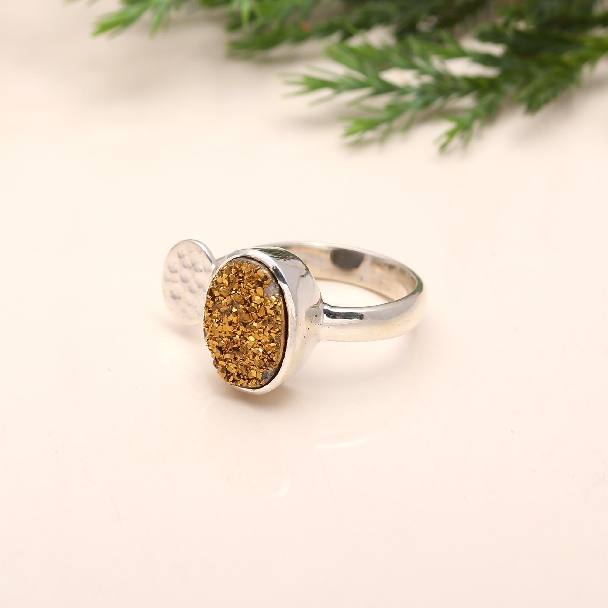 925 Silver Gold Druzy Ring