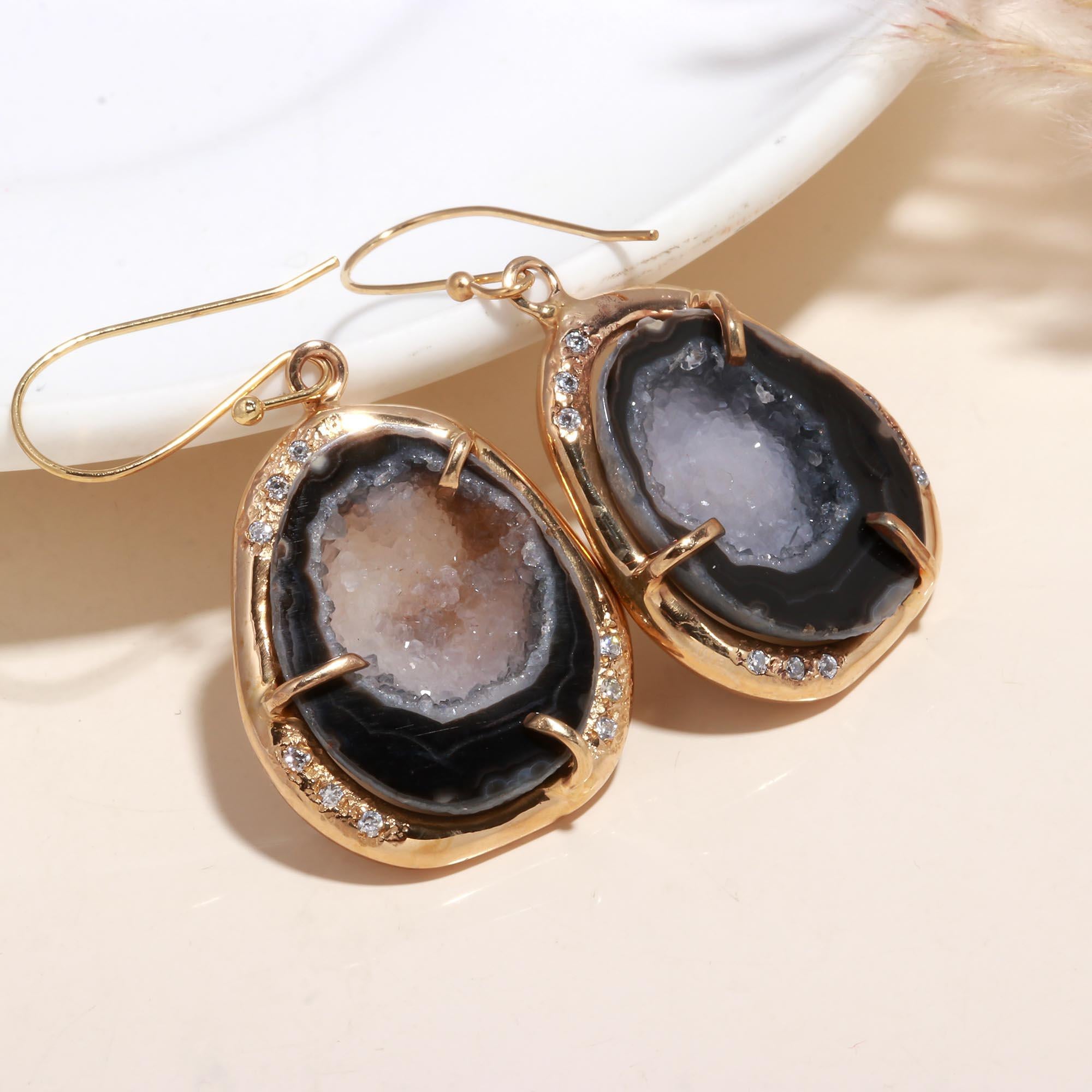 925 Silver Natural Druzy Geode Dangle Earrings