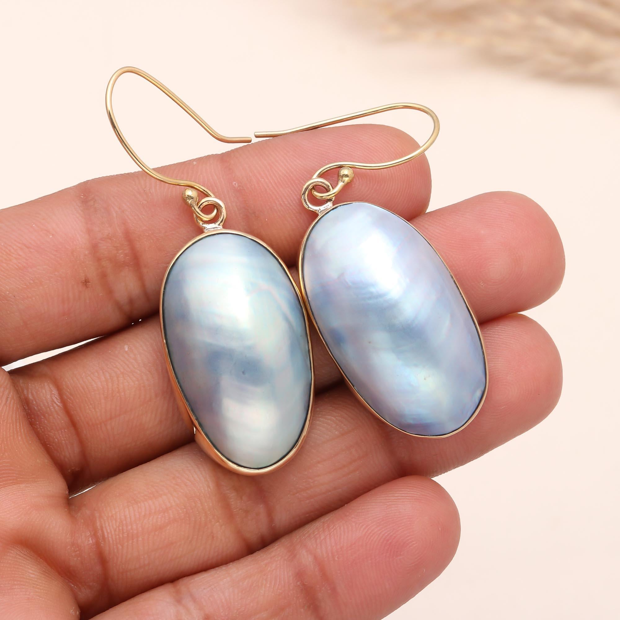 925 Sterling Silver Blue Glow Shell Oval Earrings
