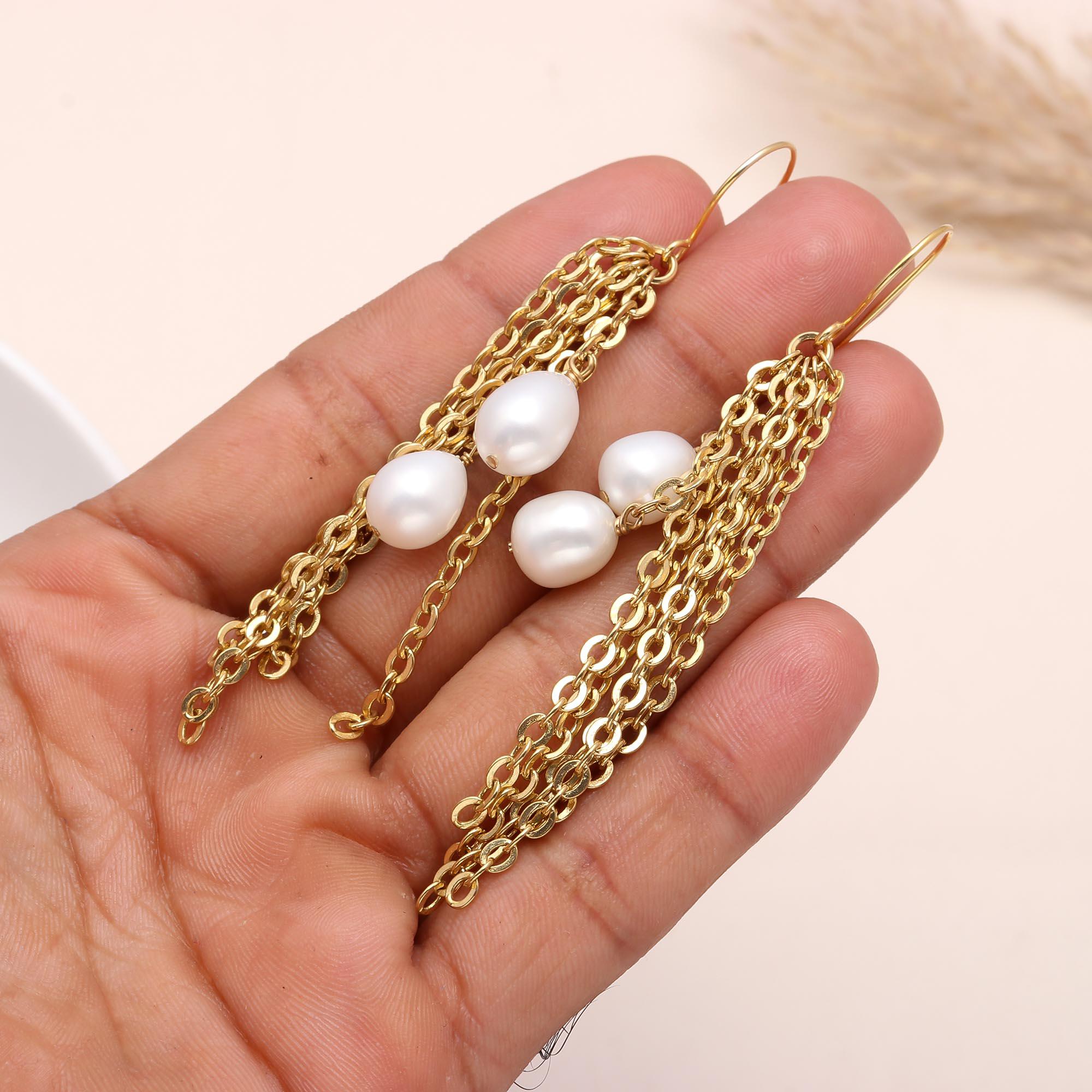 925 Sterling Silver Baroque Pearls Chain Fringe Earrings