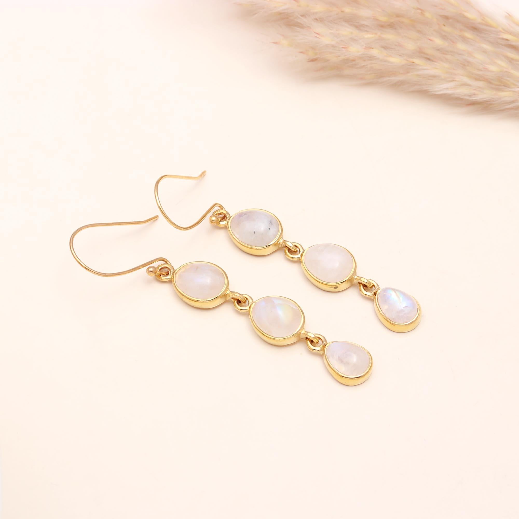 925 Sterling Silver Triple Drop Moonstone Dangle Earrings
