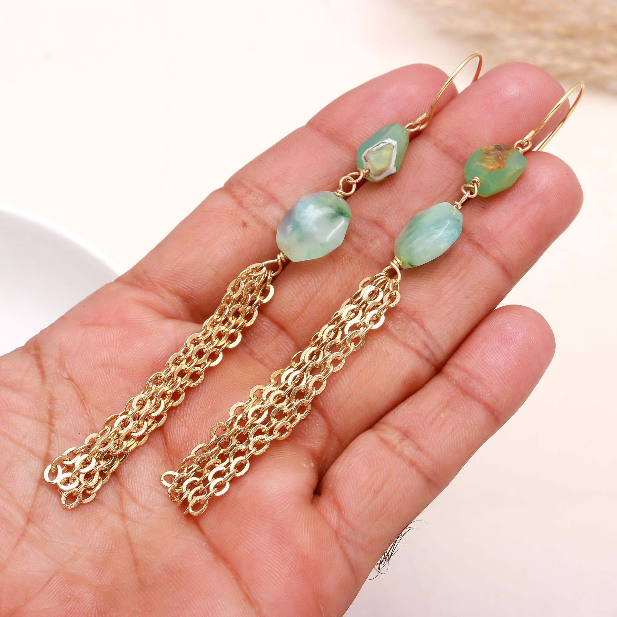 925 Sterling Silver Green Gemstone & Chain Tassel Earrings