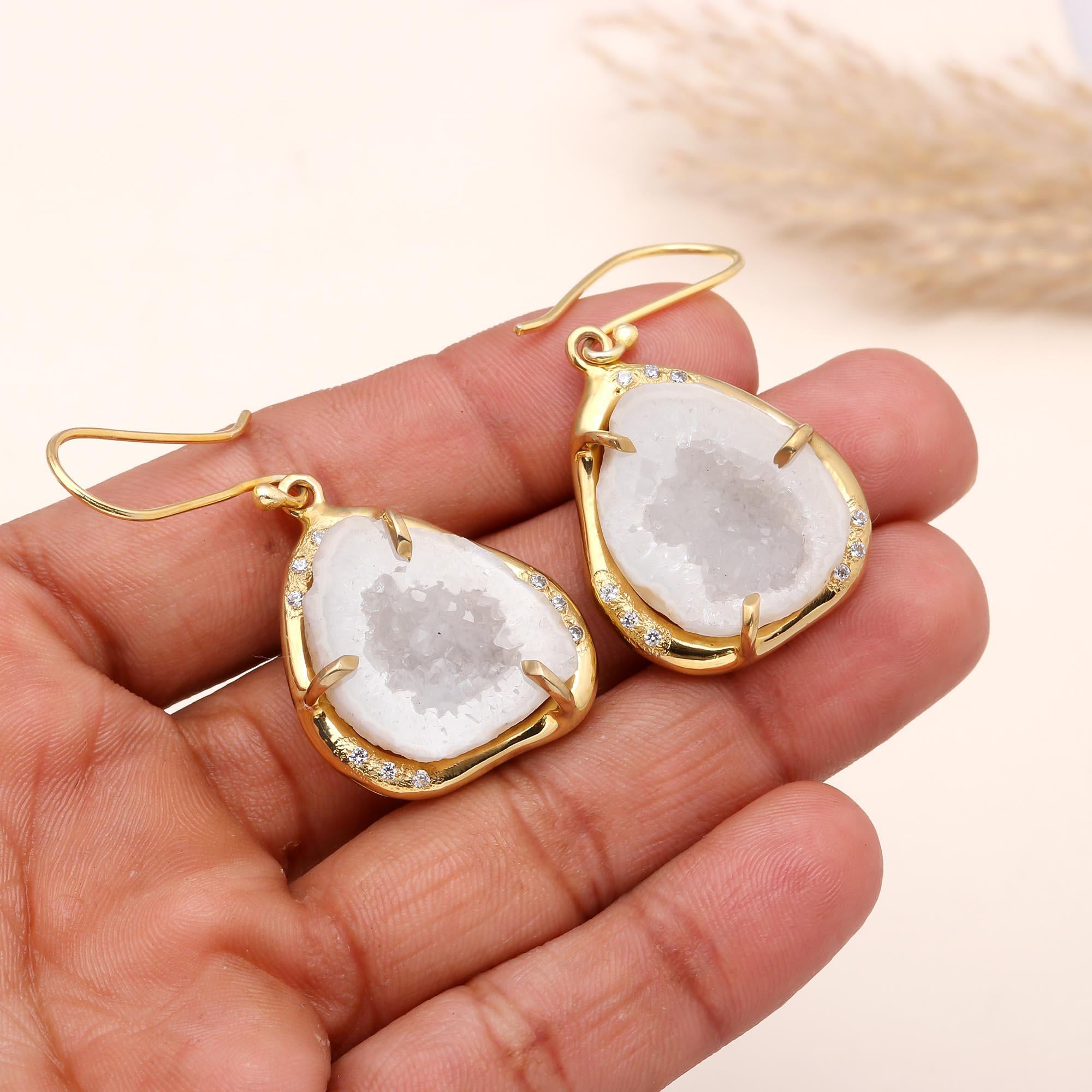 925 Sterling Silver White Druzy Dangle Earrings