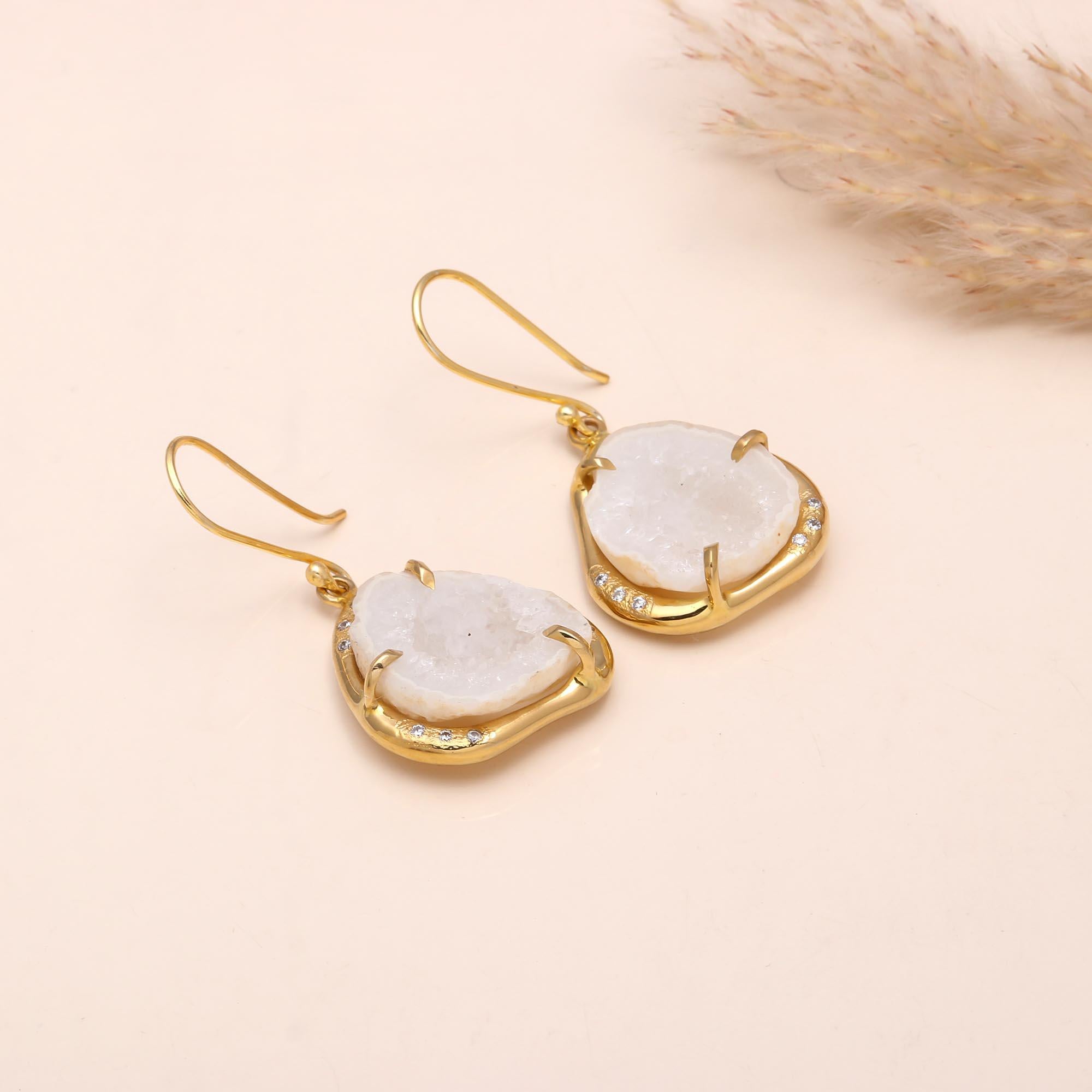 925 Sterling Silver White Druzy Dangle Earrings