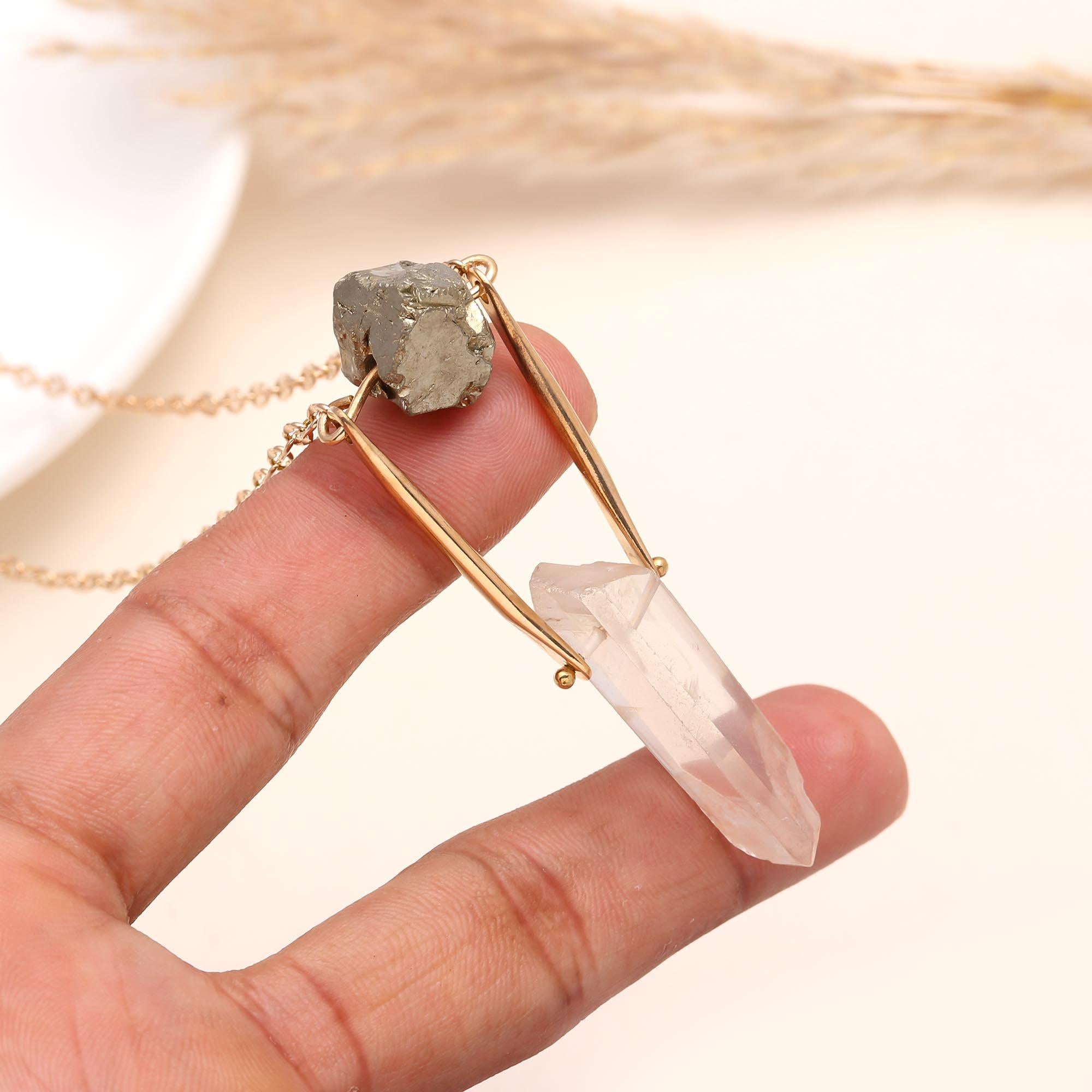 925 Sterling Silver Raw Pyrite & Quartz Crystal Pendant Necklace