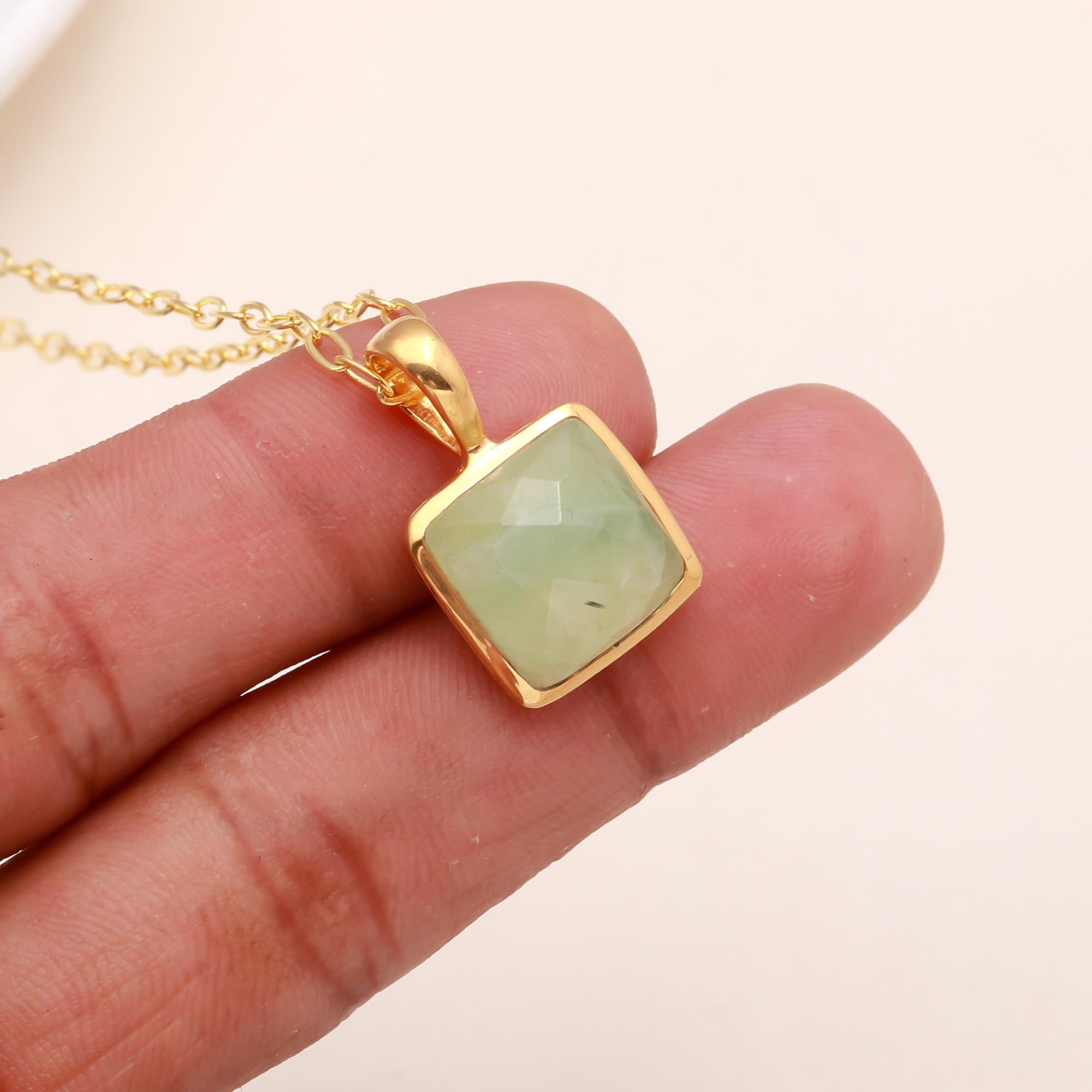 925 Sterling Silver Square Green Gemstone Pendant Necklace
