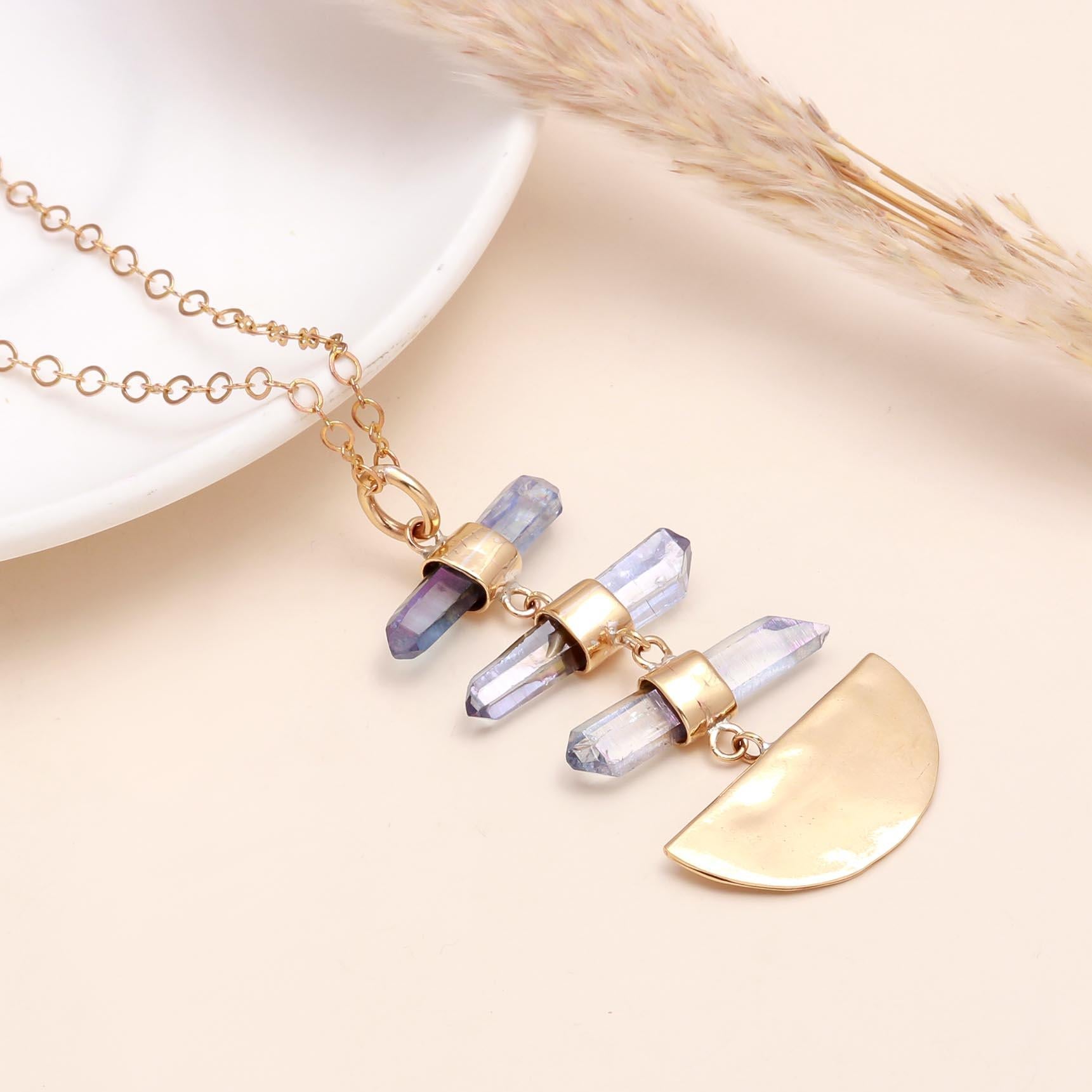 The Triple Crystal: Aura Quartz Moon Necklace