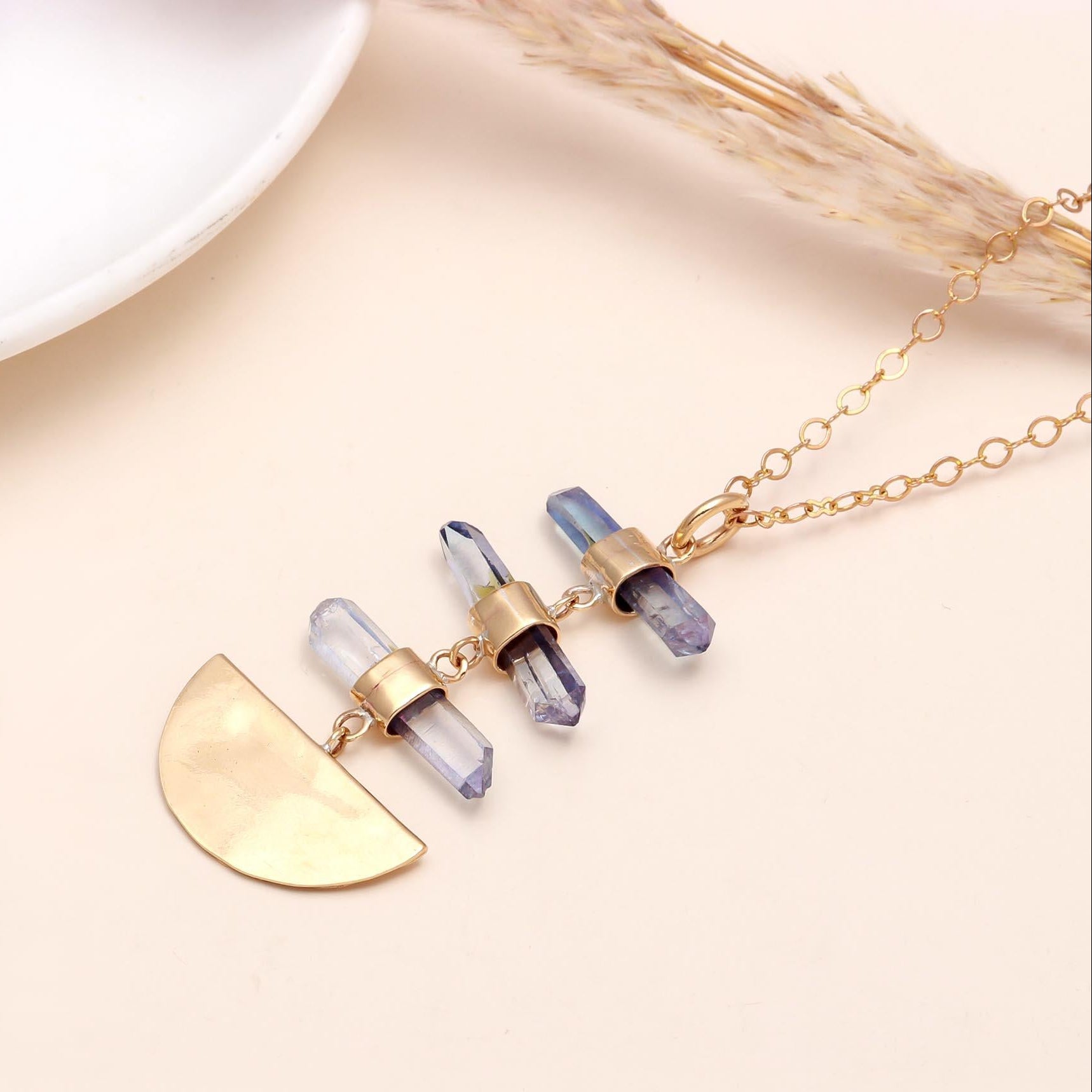 The Triple Crystal: Aura Quartz Moon Necklace