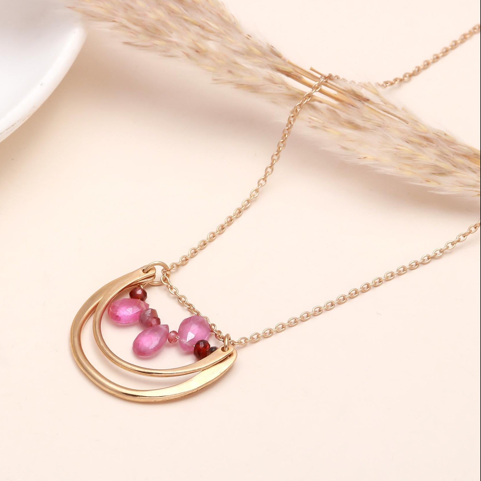 The Ruby Curve: Pink Tourmaline Gold Arc Bib Necklace