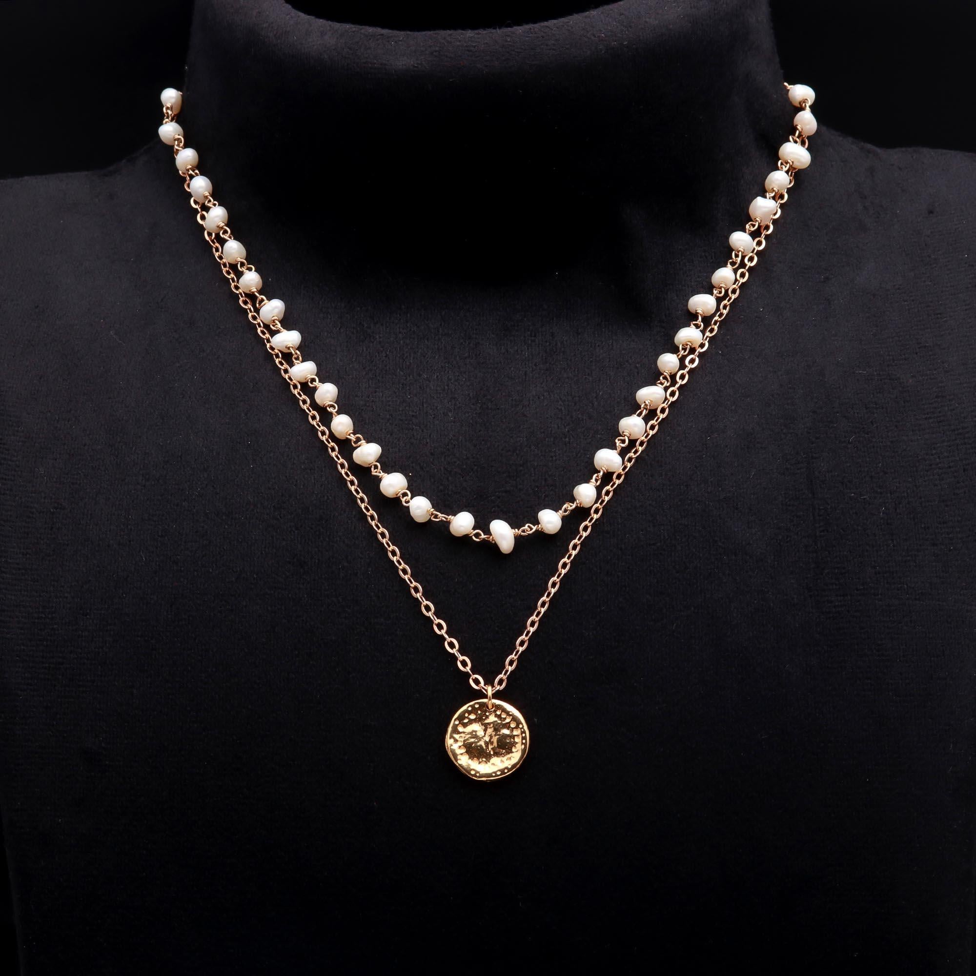 The Roman Layer: Pearl Gold Coin Double Necklace
