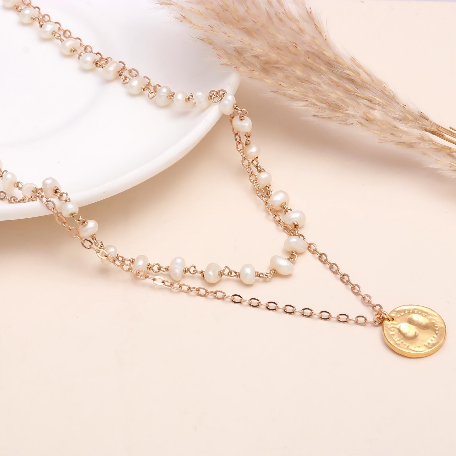 The Roman Layer: Pearl Gold Coin Double Necklace