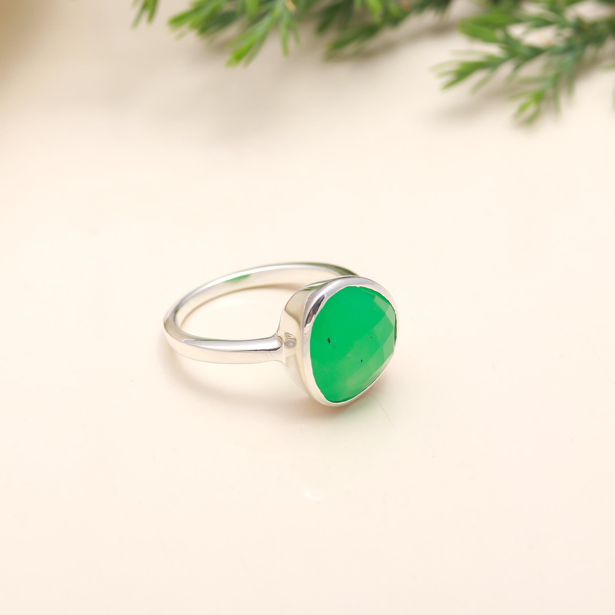 925 Silver Round Green Onyx Ring