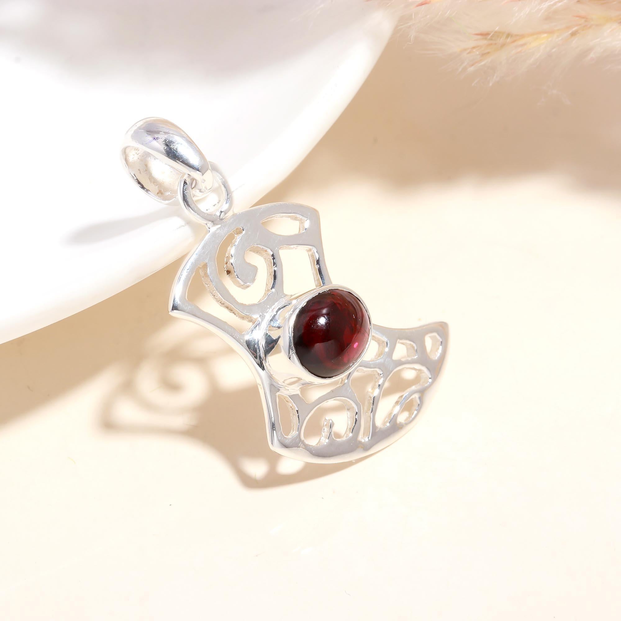 The Scroll Fan: Garnet Filigree Silver Pendant