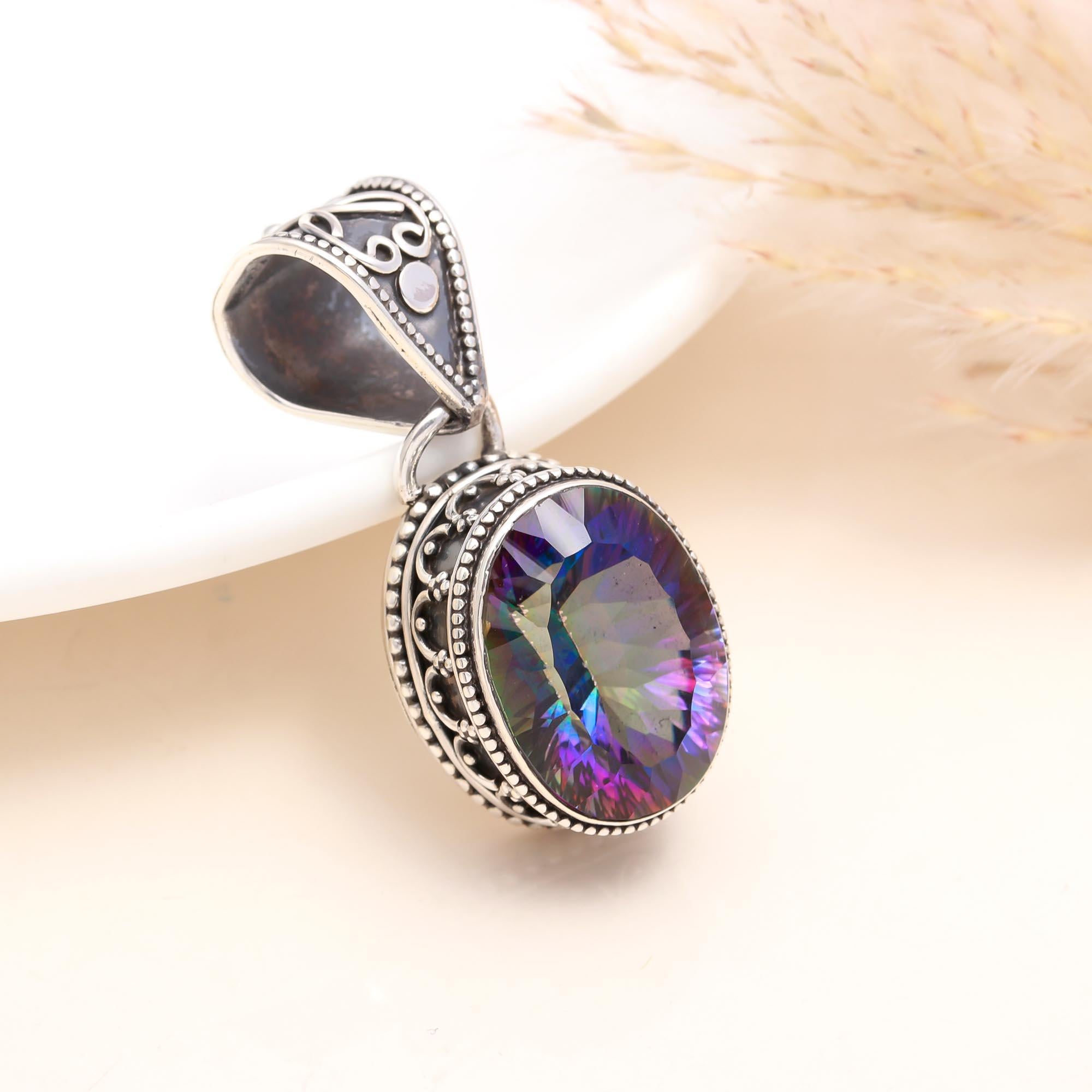 The Mystic Orbit: Mystic Topaz Silver Ornate Pendant