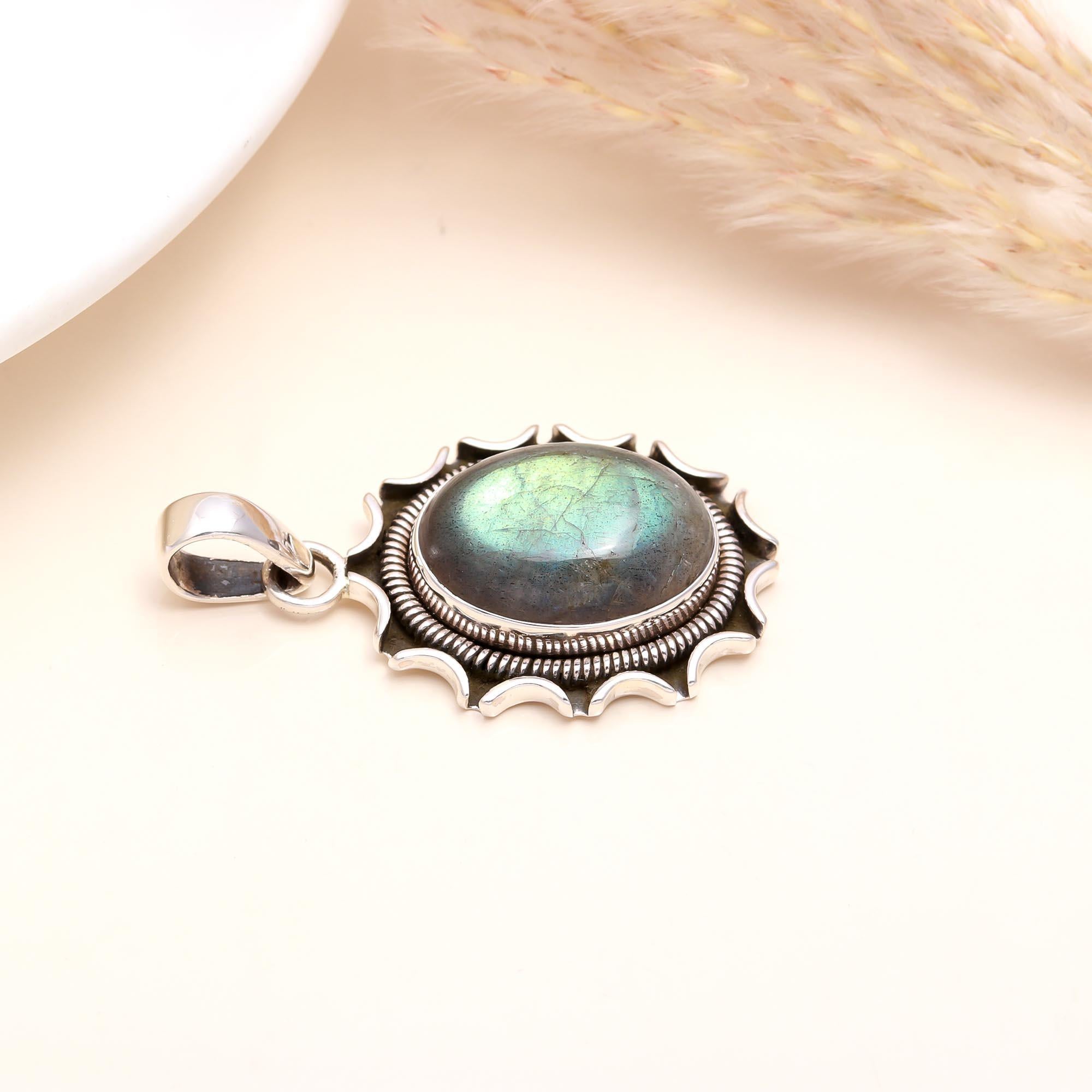 The Labradorite Sunburst: Silver Scalloped Pendant