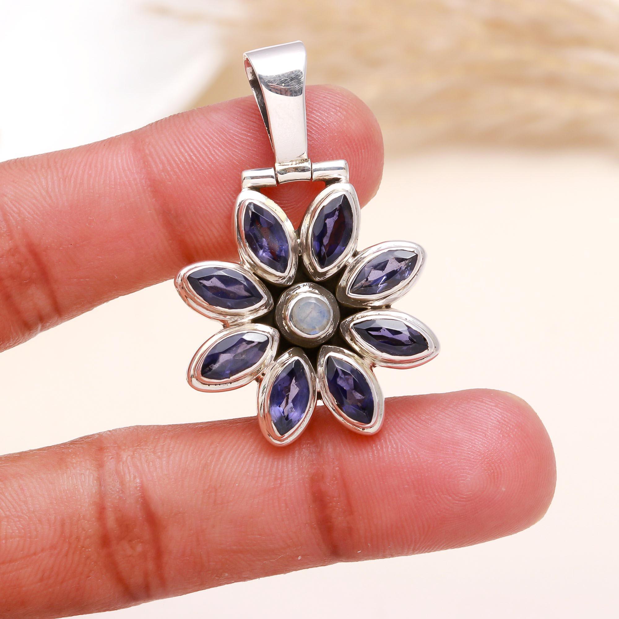 925 Sterling Silver Iolite & Moonstone Floral Pendant