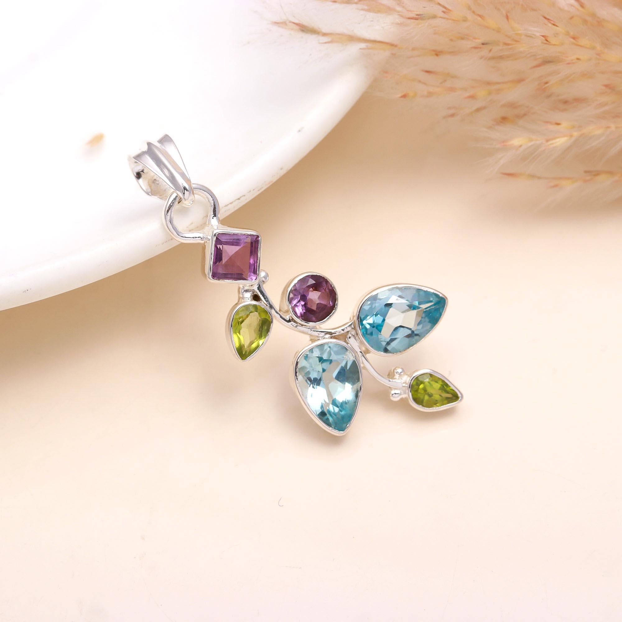 925 Sterling Silver Blue Topaz, Amethyst & Peridot Pendant
