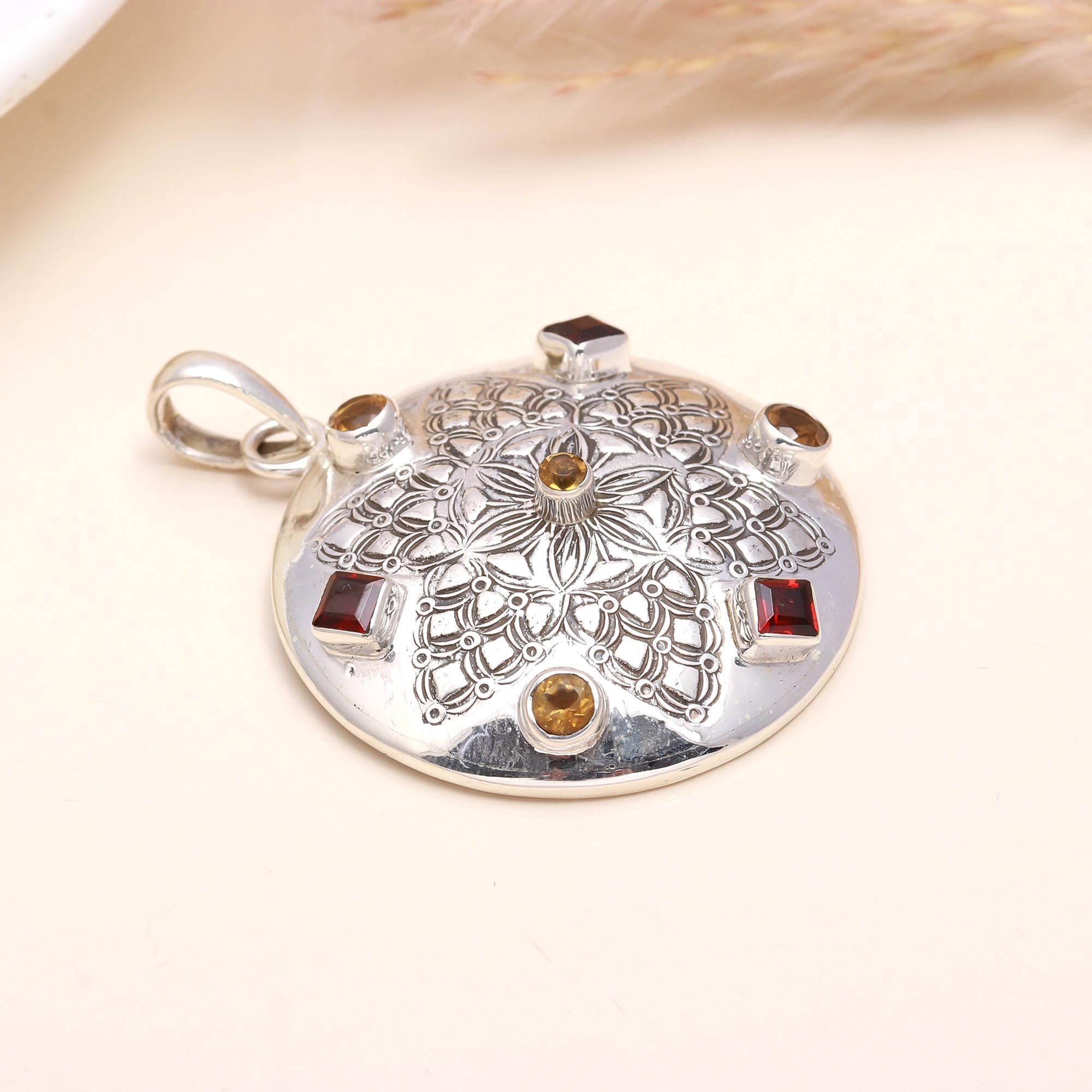 925 Sterling Silver Garnet & Citrine Pendant