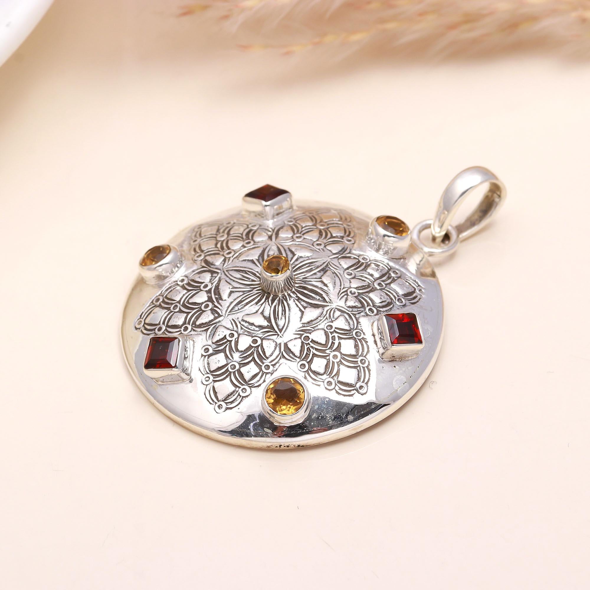 925 Sterling Silver Garnet & Citrine Pendant