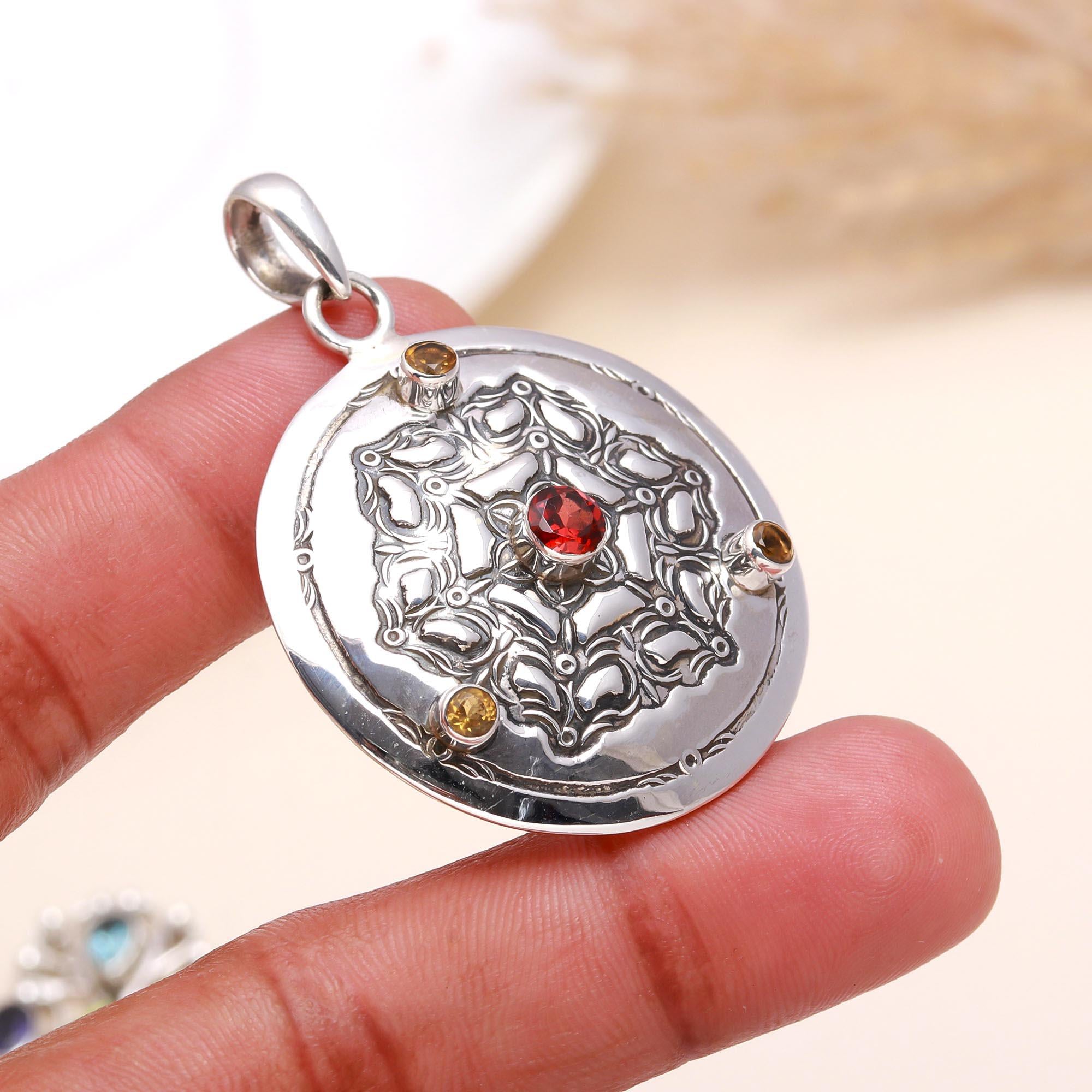925 Sterling Silver Garnet & Citrine Medallion Pendant