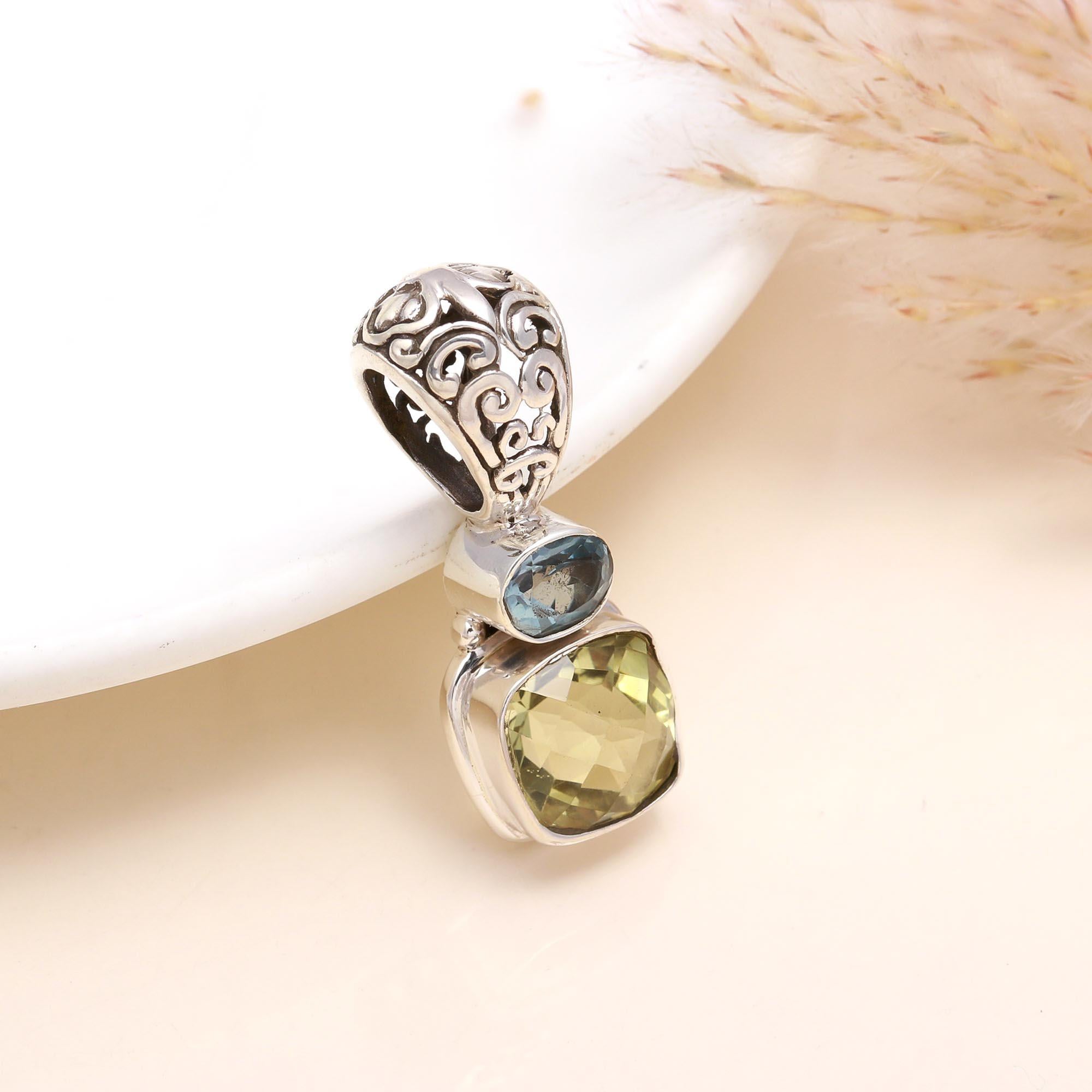 925 Sterling Silver Blue Topaz & Lemon Quartz Pendant
