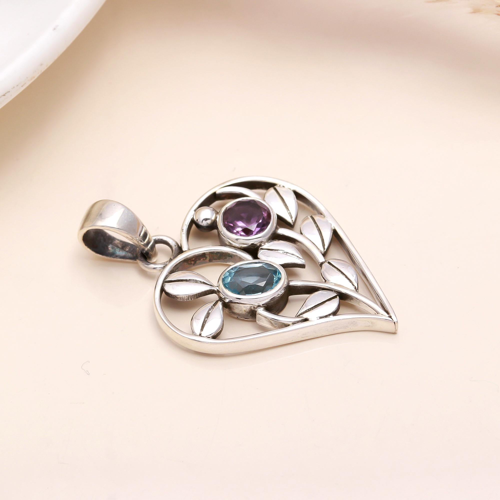 925 Sterling Silver Heart Pendant with Amethyst & Blue Topaz