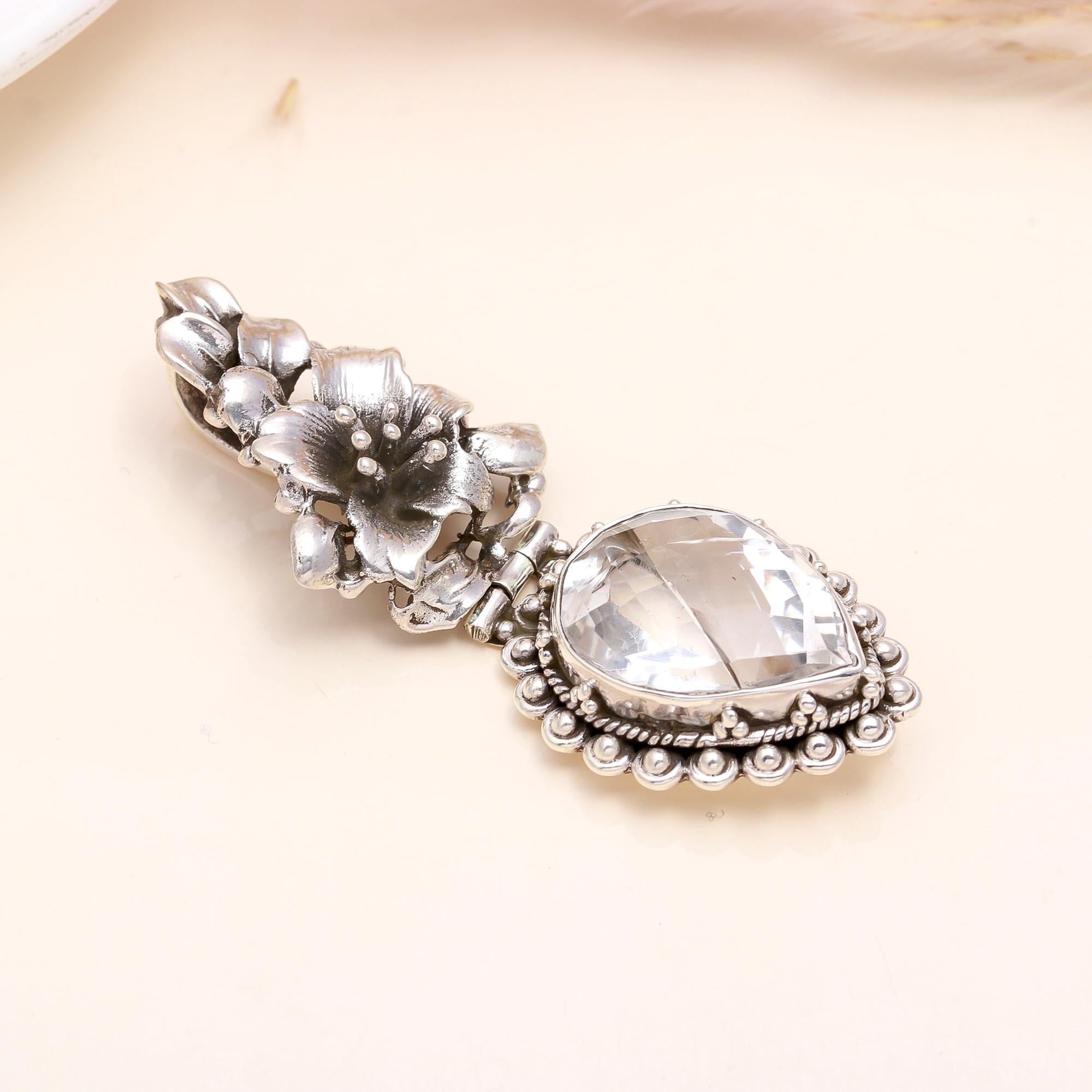 925 Sterling Silver Vintage Floral Design Teardrop Crystal Pendant