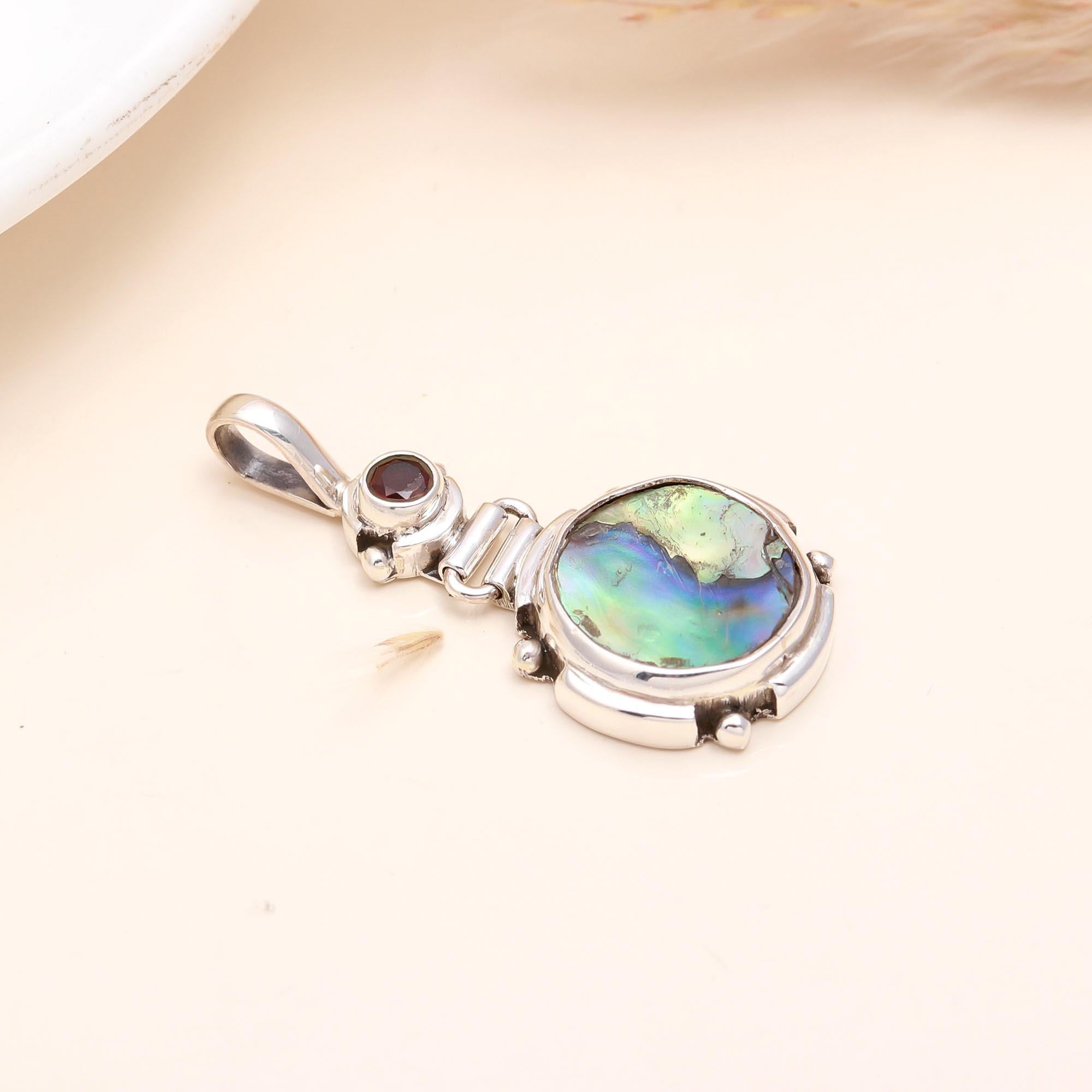 925 Sterling Silver Abalone & Garnet Pendant