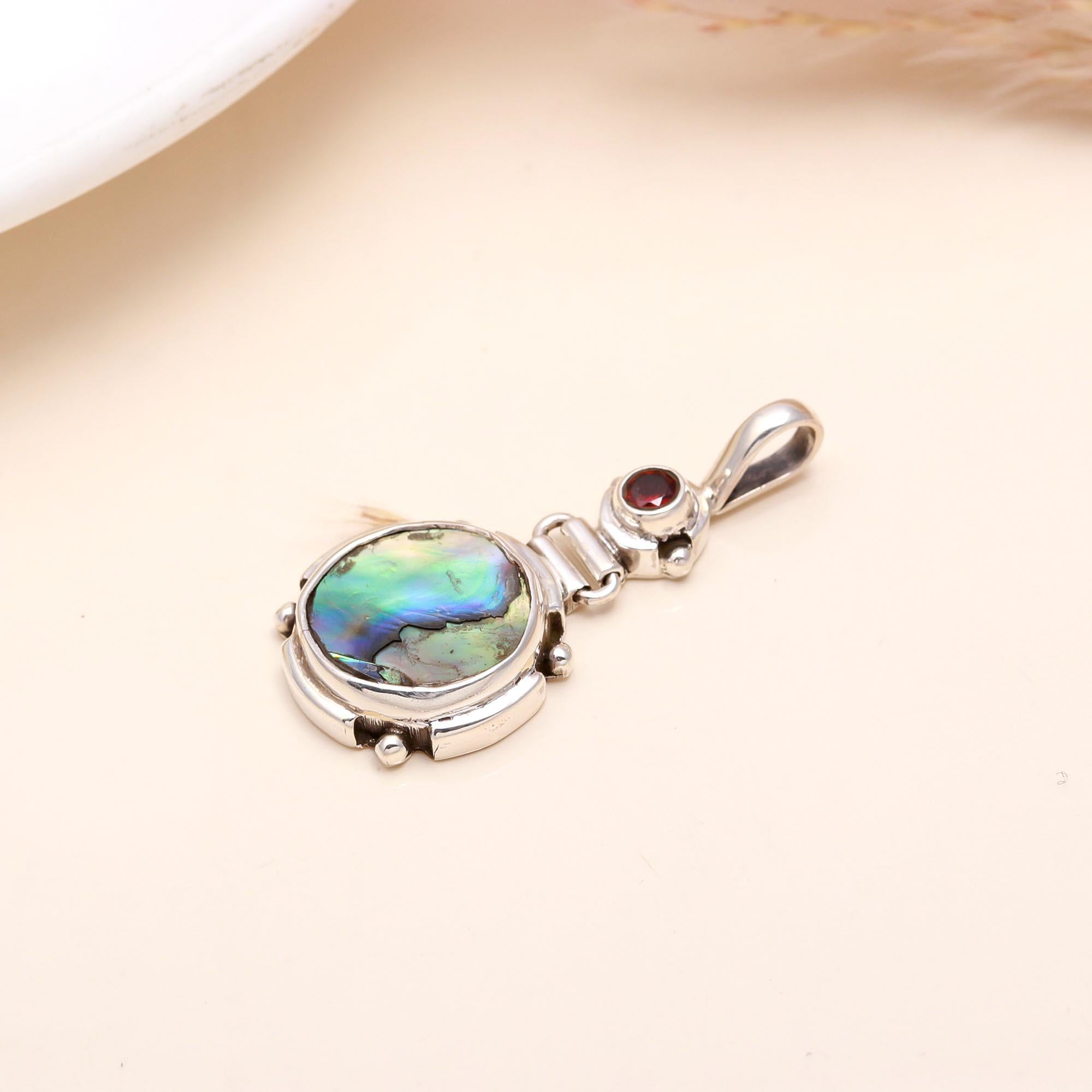 925 Sterling Silver Abalone & Garnet Pendant