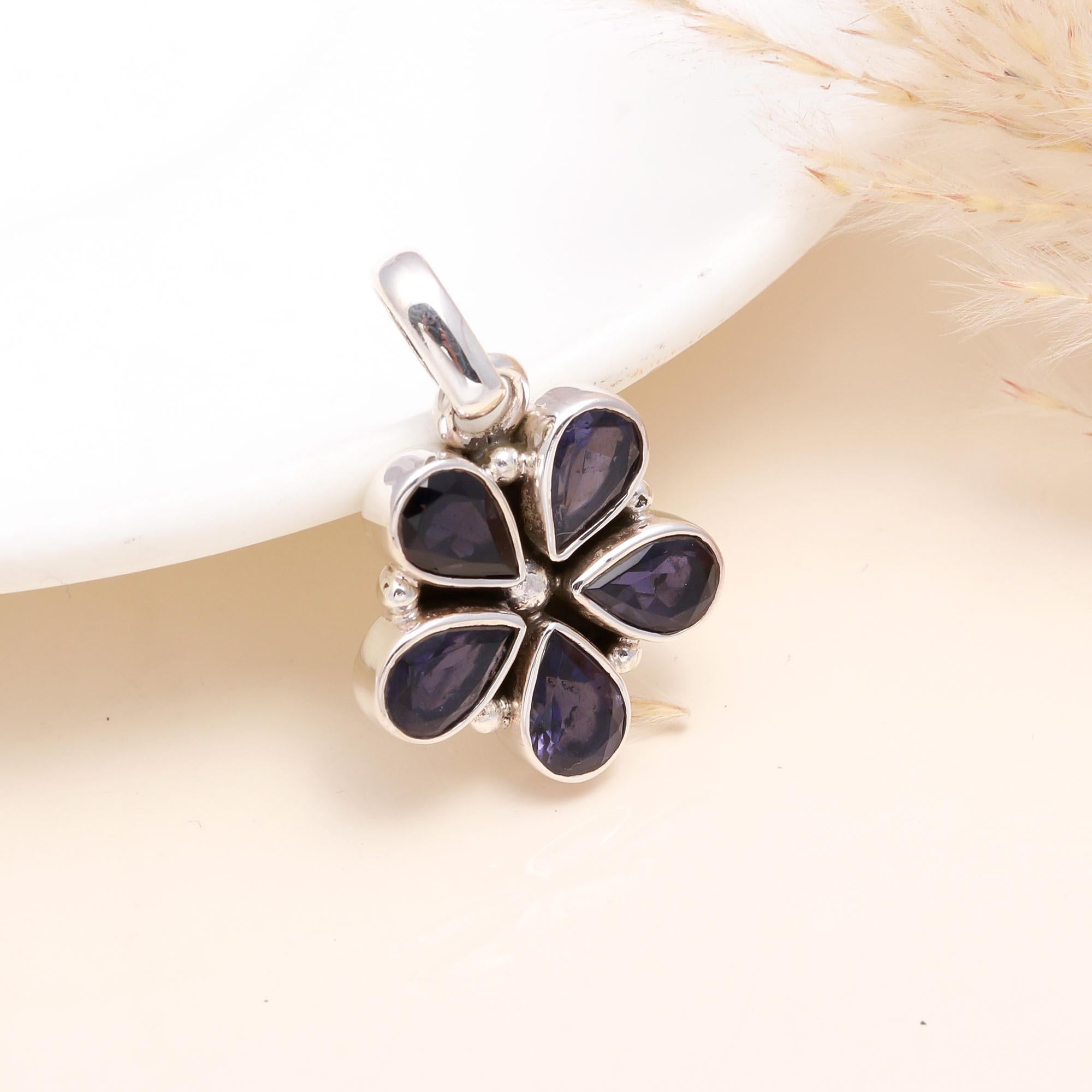 925 Sterling Silver Iolite Flower Pendant