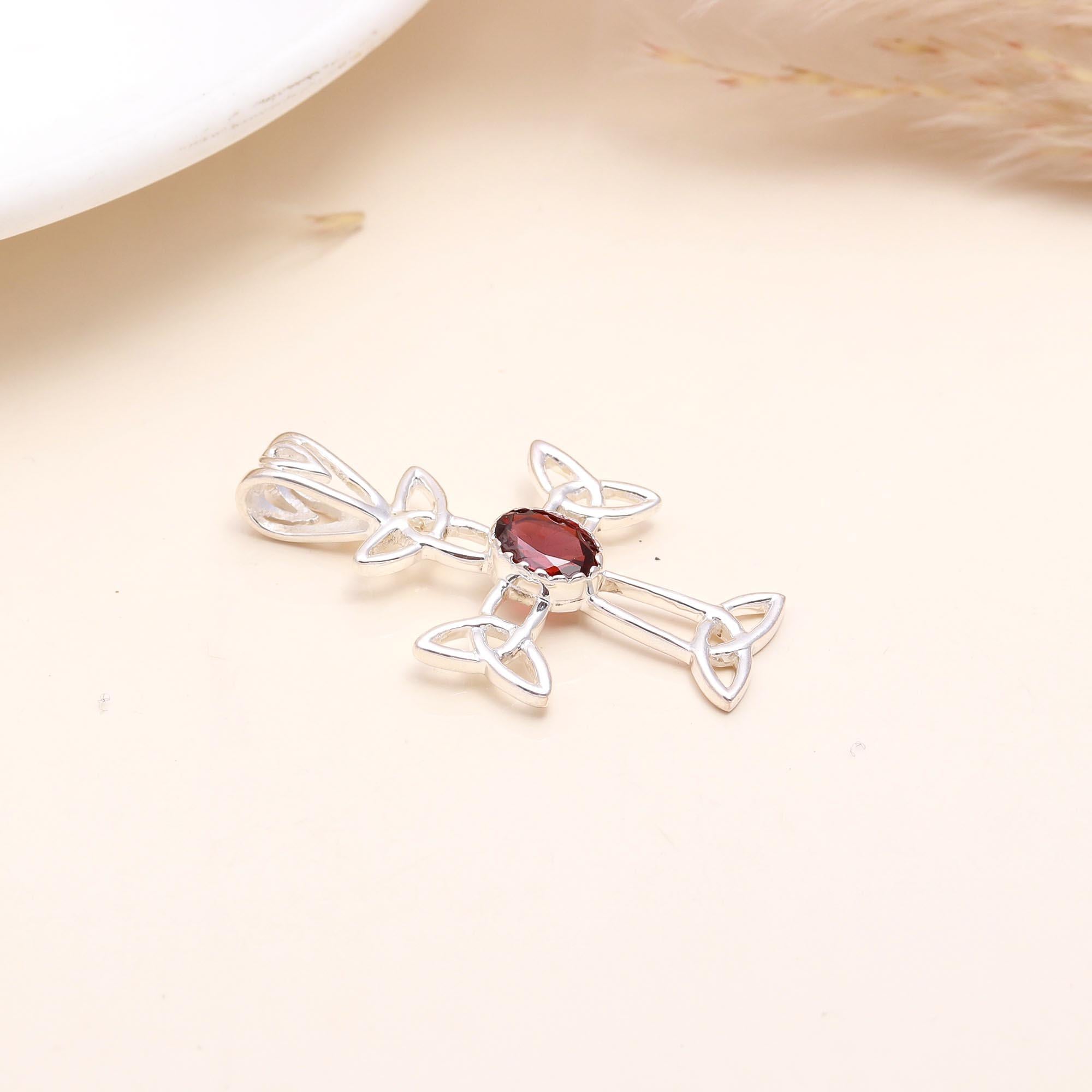 925 Sterling Silver Celtic Cross Pendant With Garnet