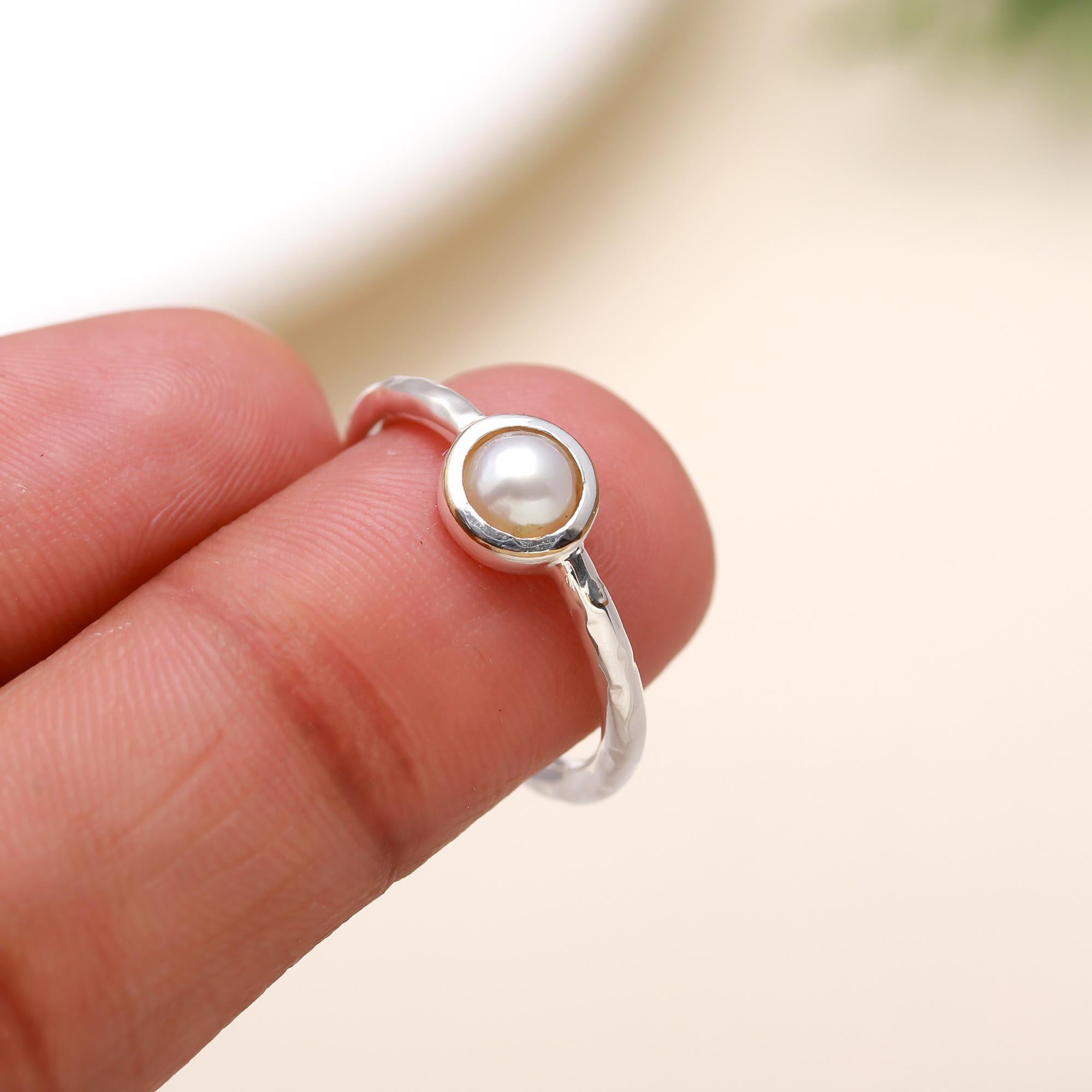 The Lunar Dot: Pearl & Hammered Silver Solitaire Ring