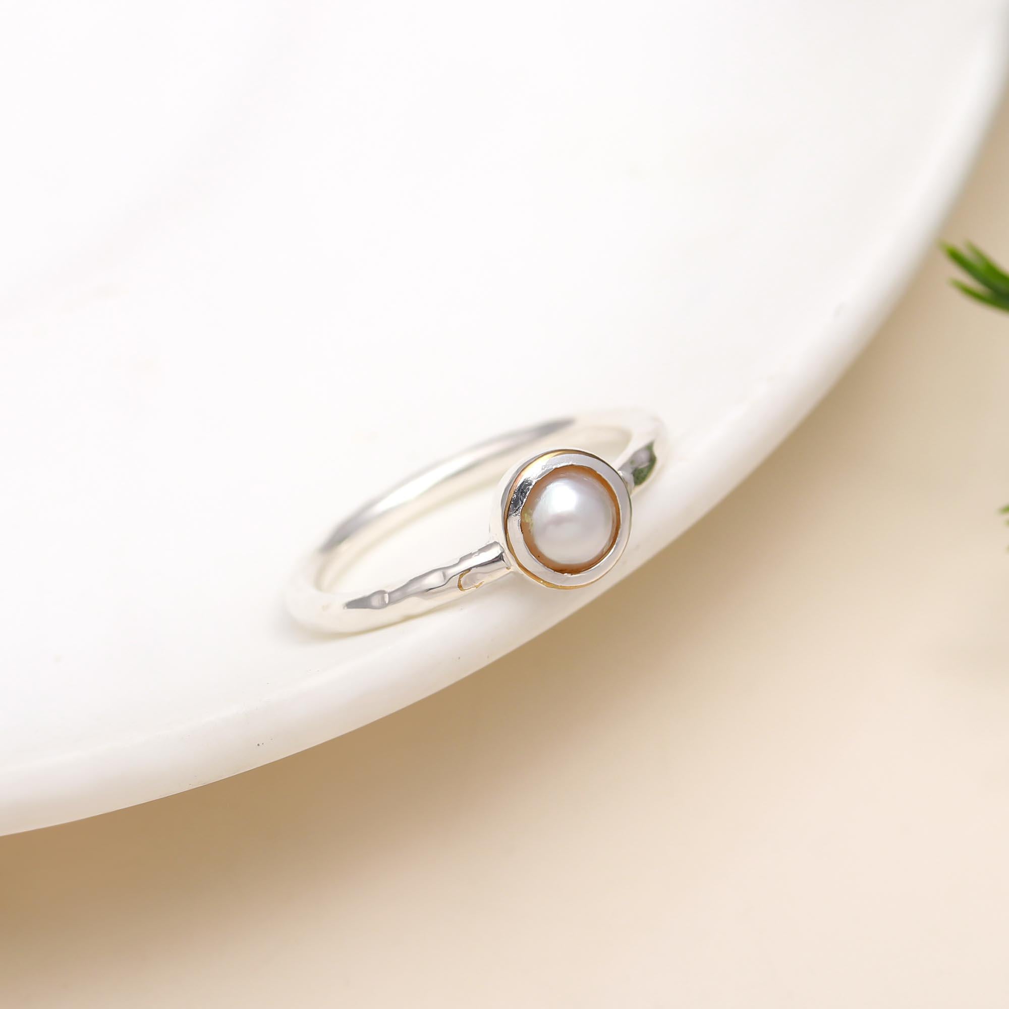 The Lunar Dot: Pearl & Hammered Silver Solitaire Ring