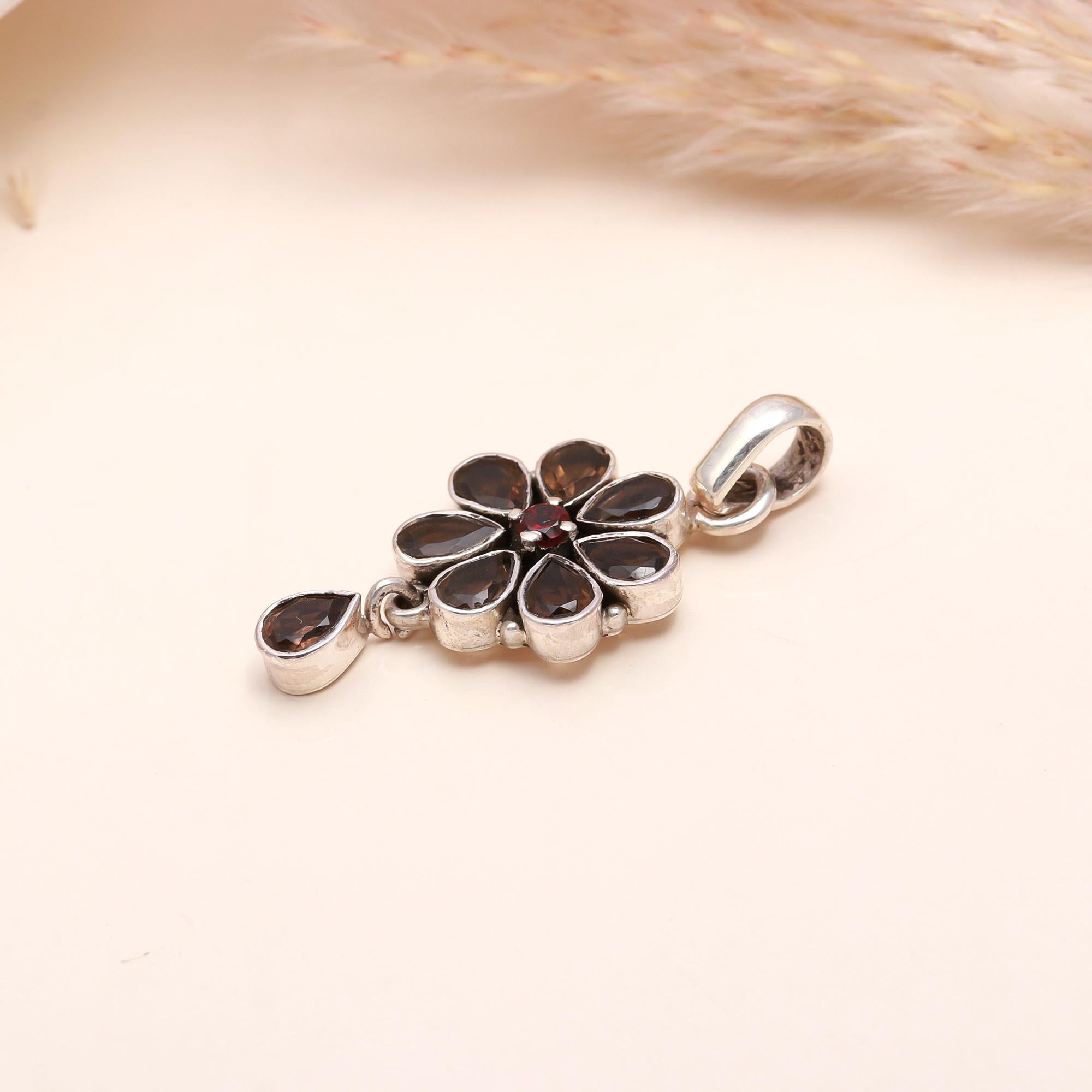 925 Sterling Silver Smoky Quartz & Garnet Flower Pendant
