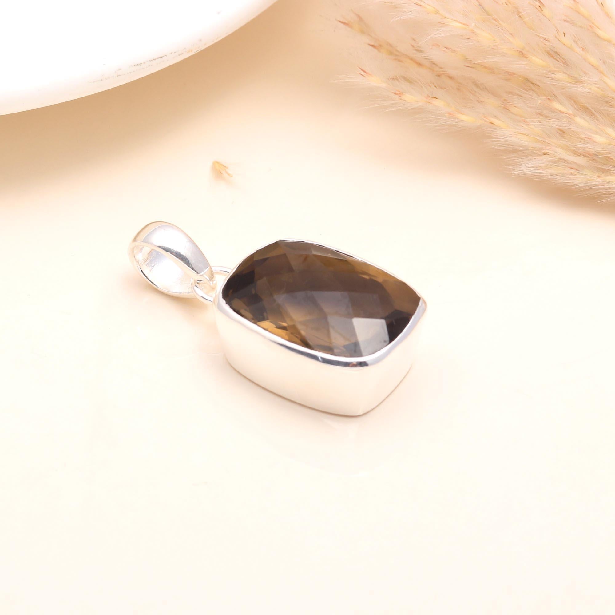 925 Sterling Silver Smoky Quartz Cushion-Cut Gemstone Pendant