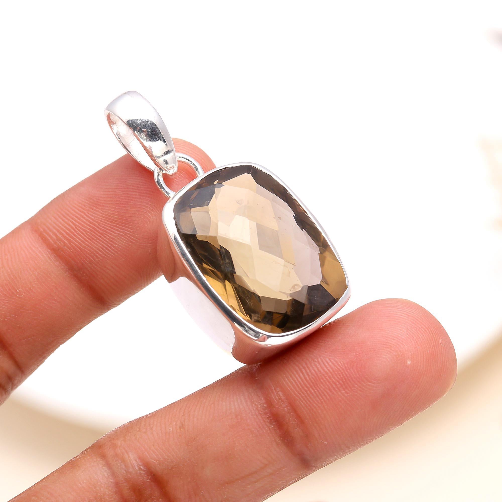 925 Sterling Silver Smoky Quartz Cushion-Cut Gemstone Pendant