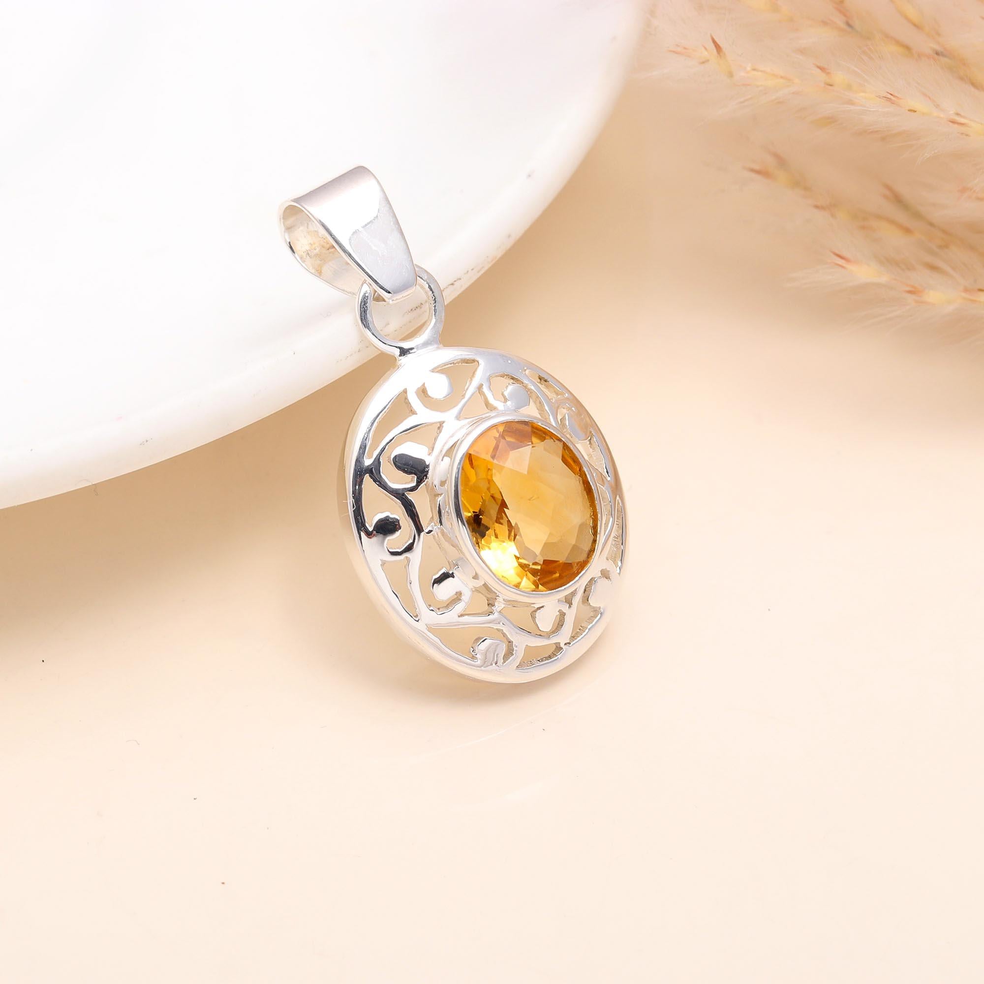 925 Sterling Silver Citrine Gemstone Filigree Pendant