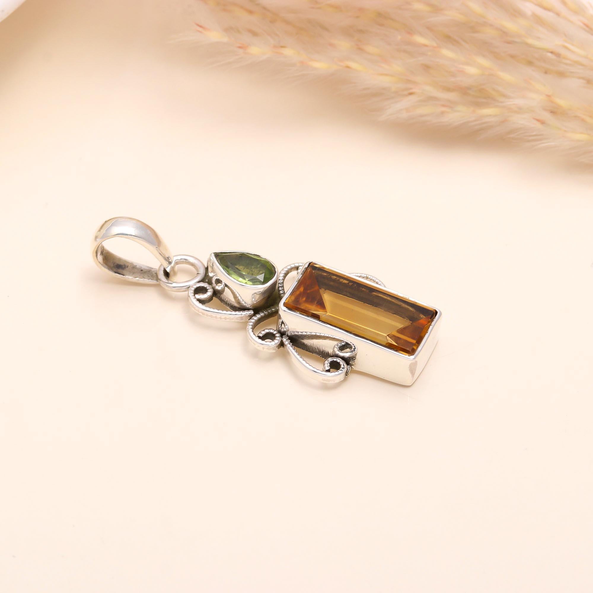 925 Sterling Silver Vintage Style Citrine & Peridot Filigree Pendant