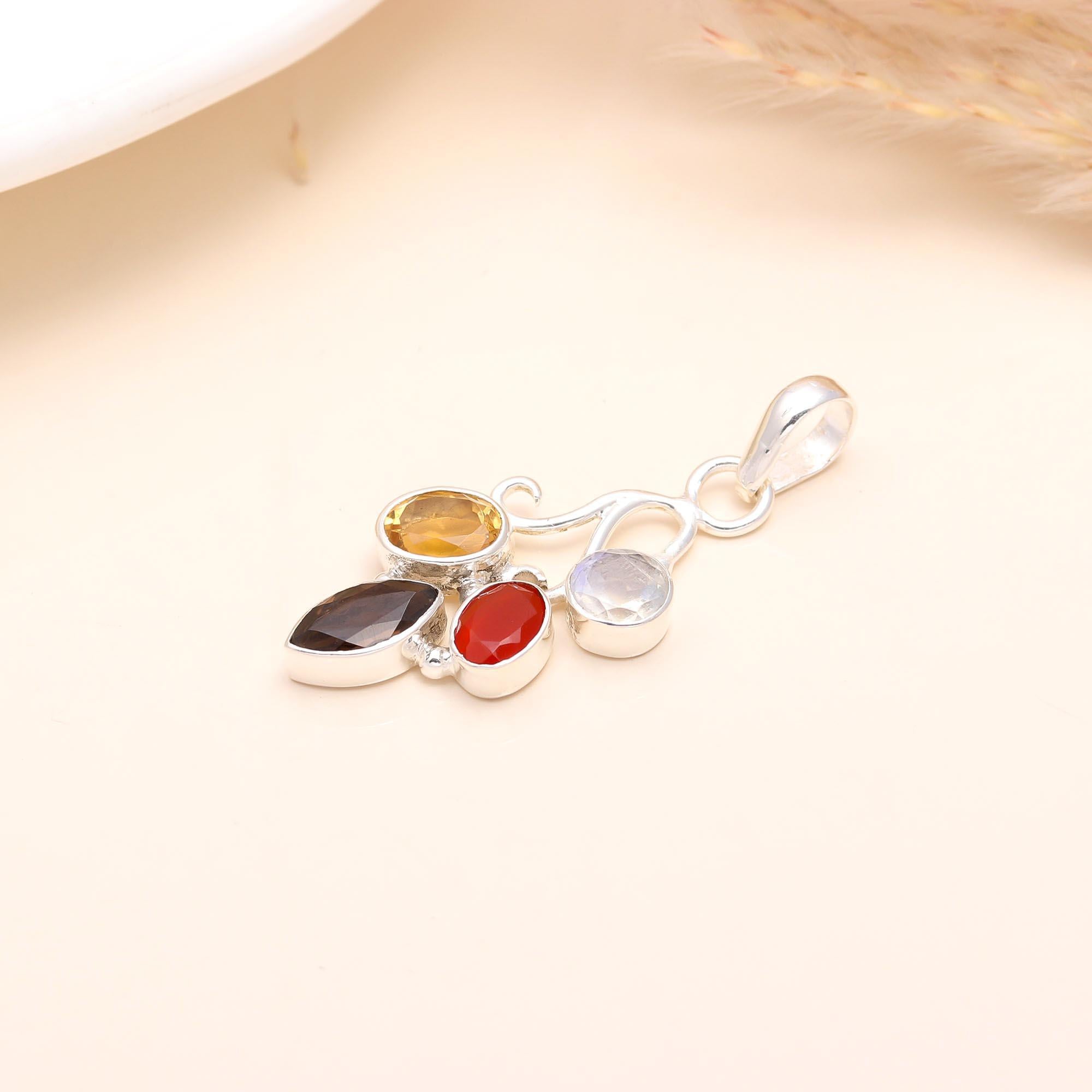 925 Sterling Silver Citrine, Moonstone, Carnelian & Smoky Quartz Multi-Gemstone Filigree Pendant